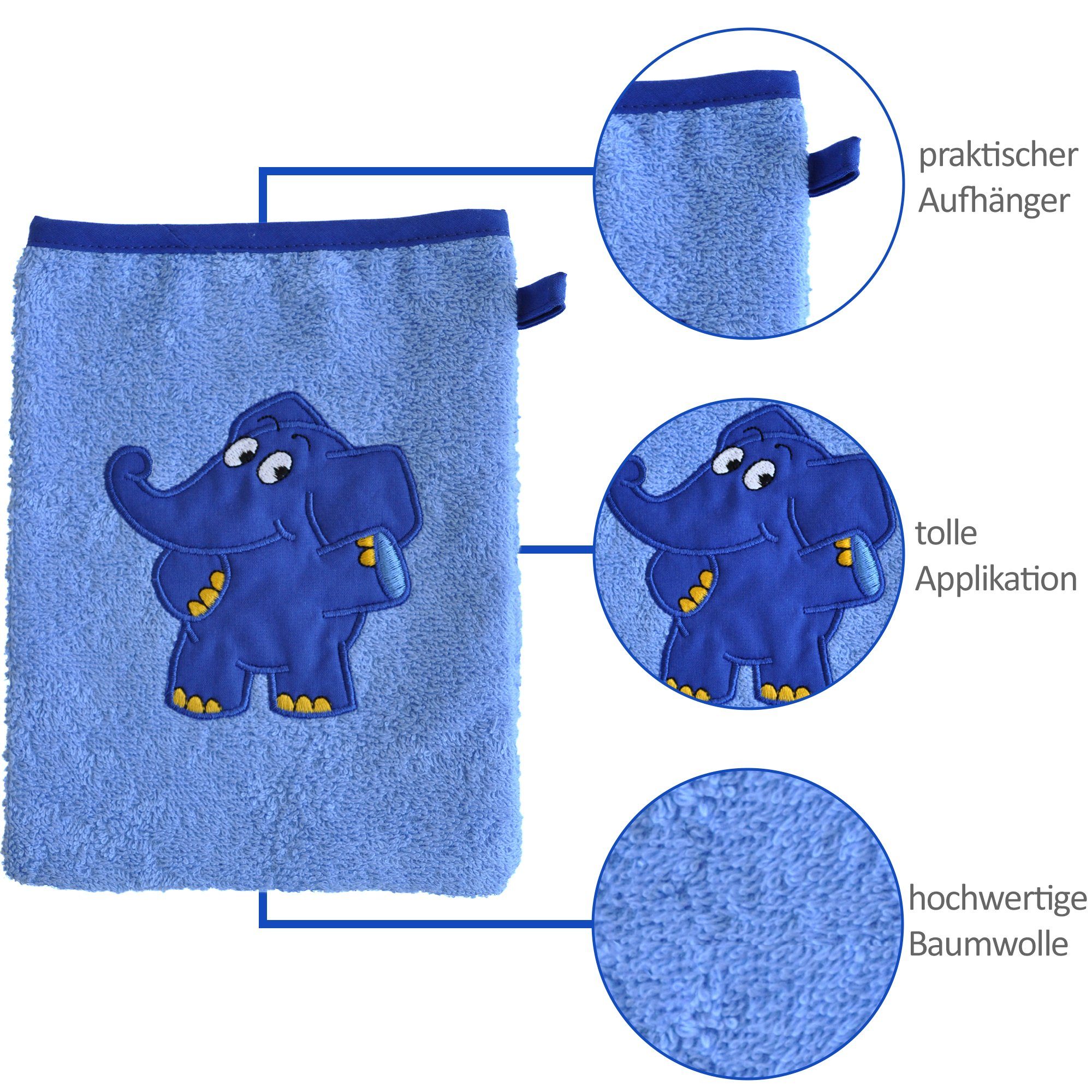 Smithy Waschlappen Waschhandschuh Baby mit dem blauen Elefanten (1-tlg), Applikation