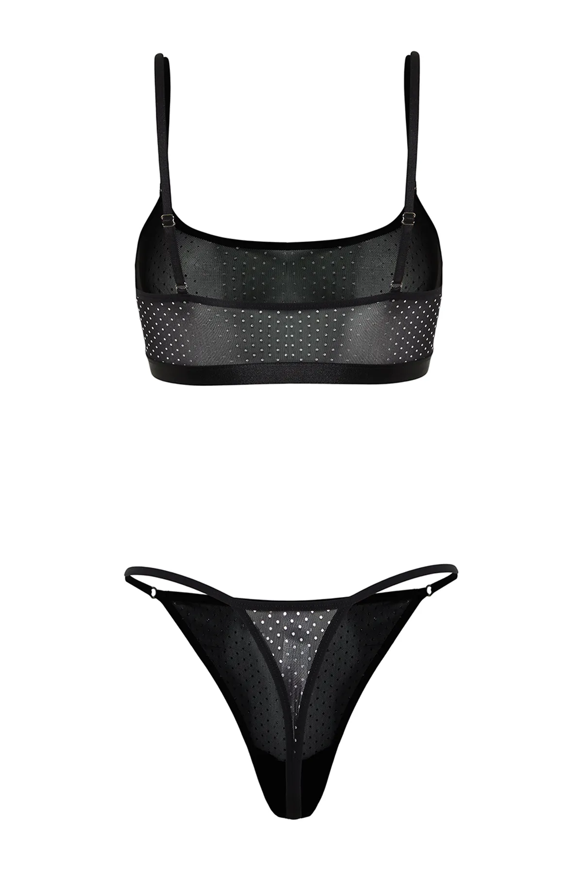 Trendyol Collection  Schwarzes, glänzend bedrucktes Tüll-Unterwäscheset mit Seilriemen und ohne Kappe aus Strick THMSS24CC00017