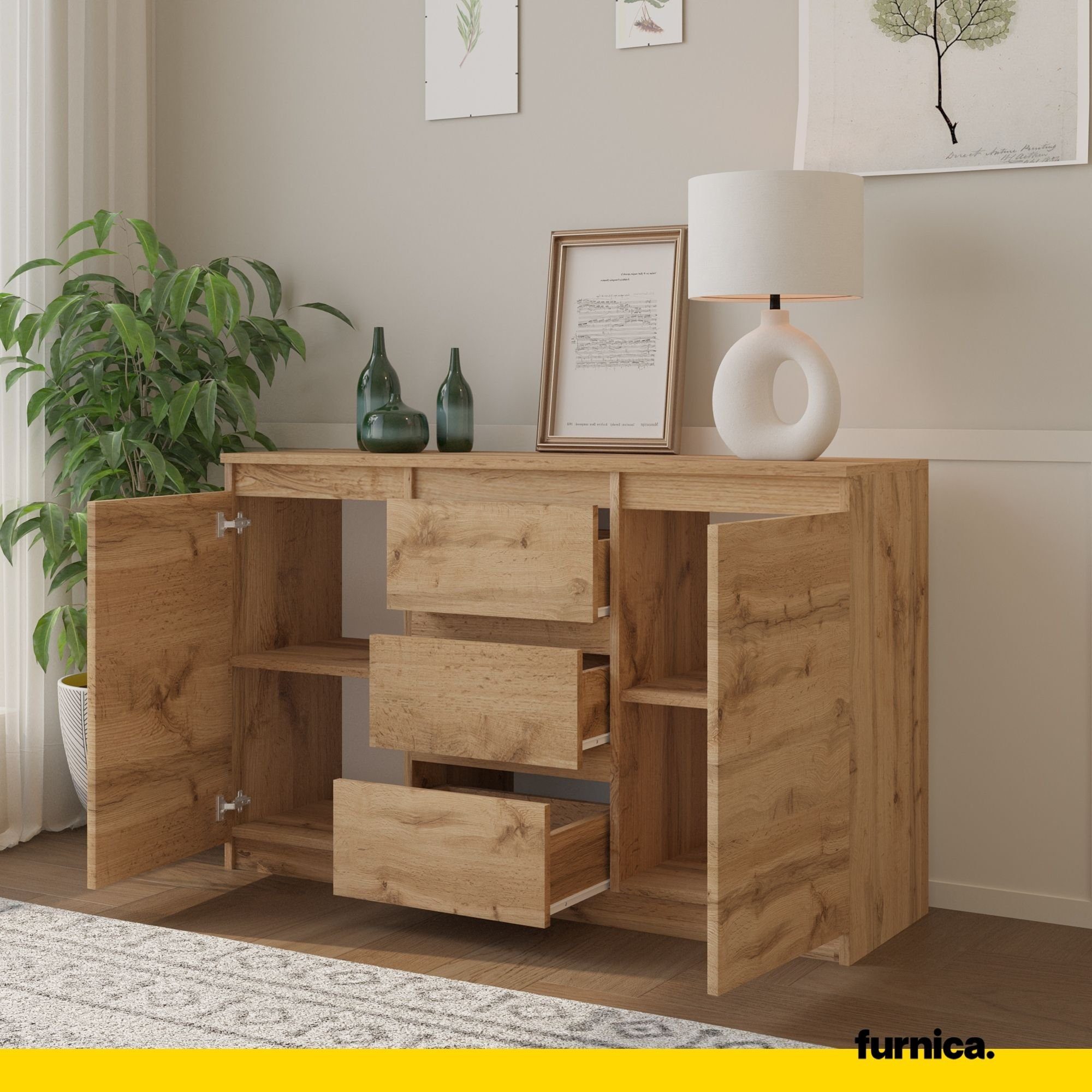 Furnica Kommode MIKEL, 3 Schubladen und 2 Türen - Votan Eiche H75cm B120cm T35cm (1 St)