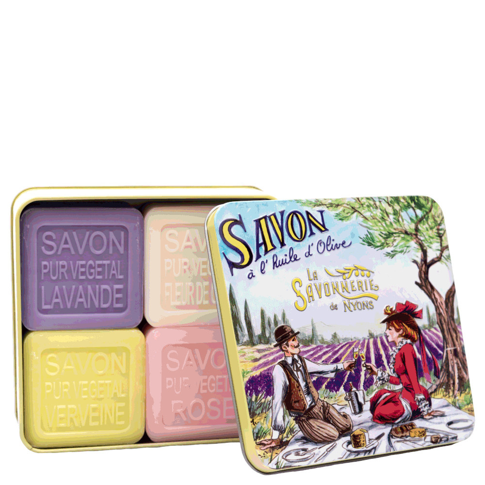 La savonnerie de nyons Coffret de 4 Savons (Lavande, Verveine,Fleur de Coton, Rose) Pique-Nique Savon