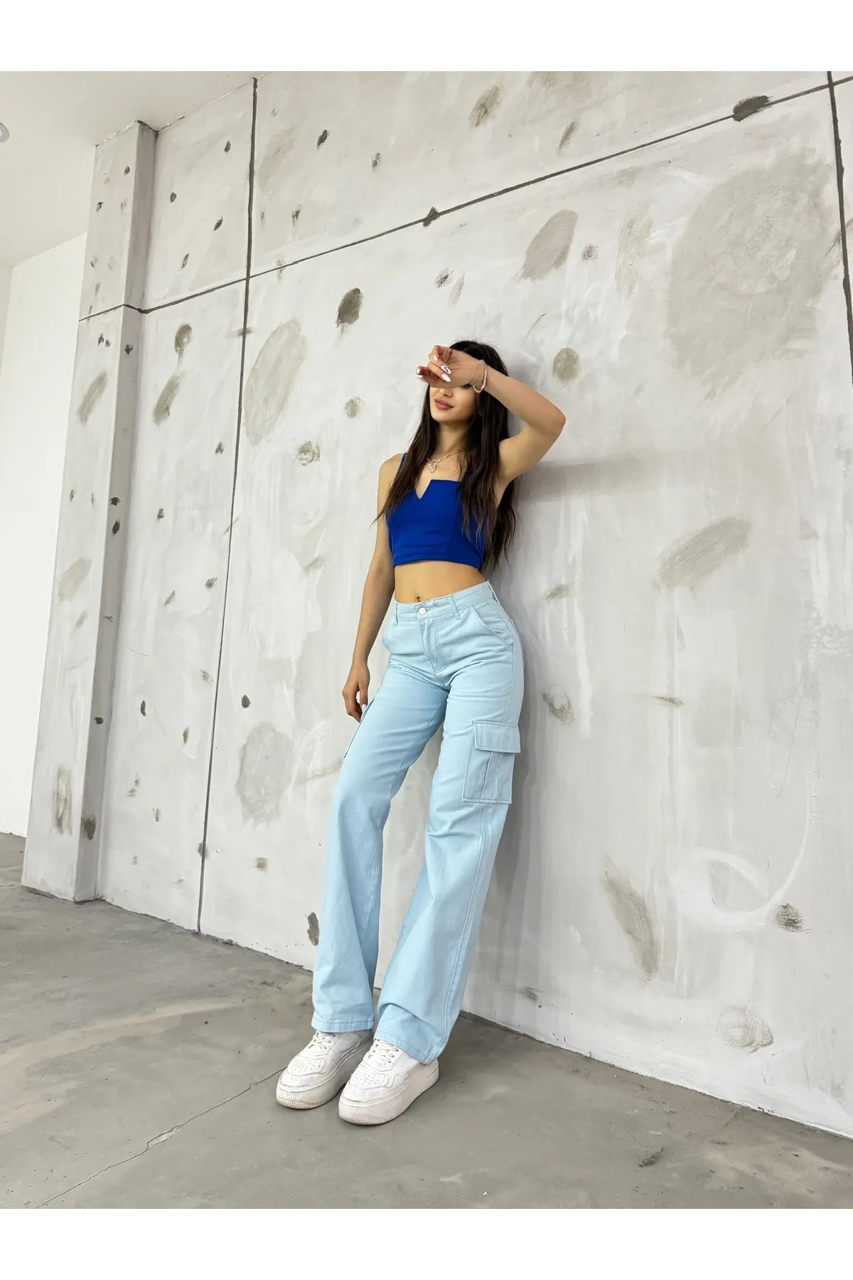 BİKELİFE  Babyblaue Cargohose für Damen mit hoher Taille und weitem Bein