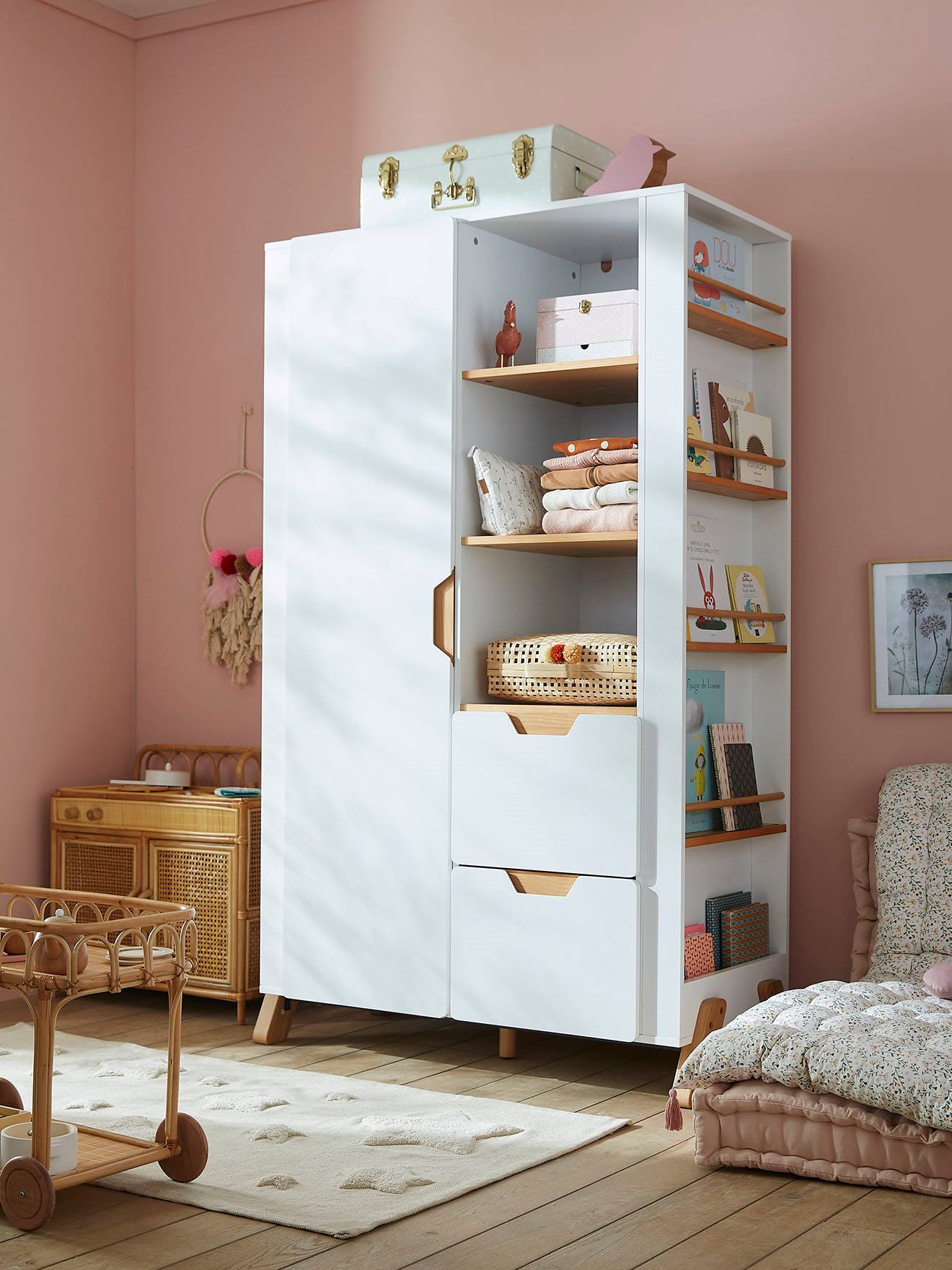 Vertbaudet Kinder Kleiderschrank PIROUETTE mit Bücherregal - weiß