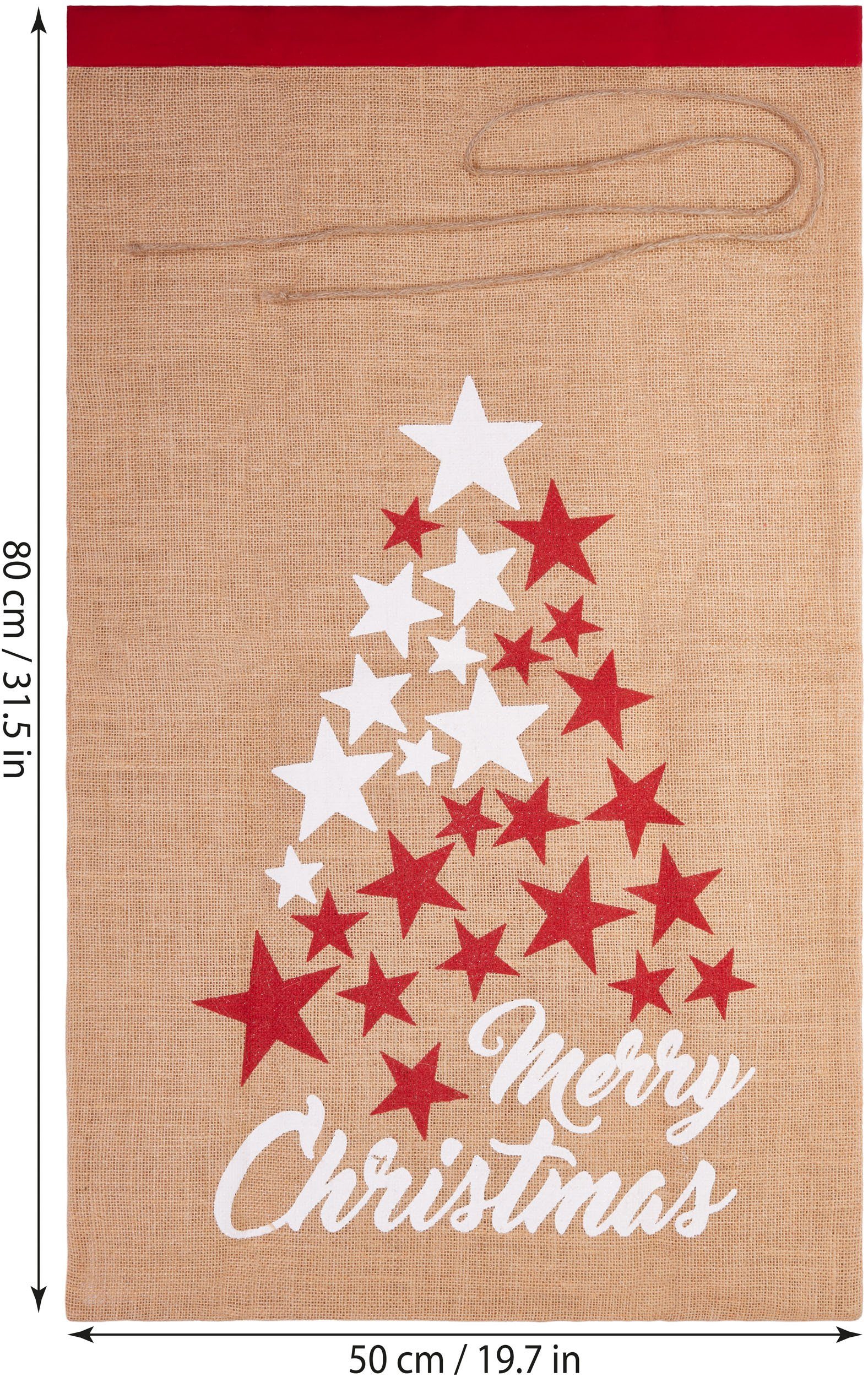 BRUBAKER Aufbewahrungstasche Weihnachtssack Sterne Weiß Rot - Merry Christmas - 80 cm Geschenksack (Weihnachten, 1-tlg., Jutesack), Nikolaussack Jutebeutel Sack mit Kordel zum Verpacken von Geschenken