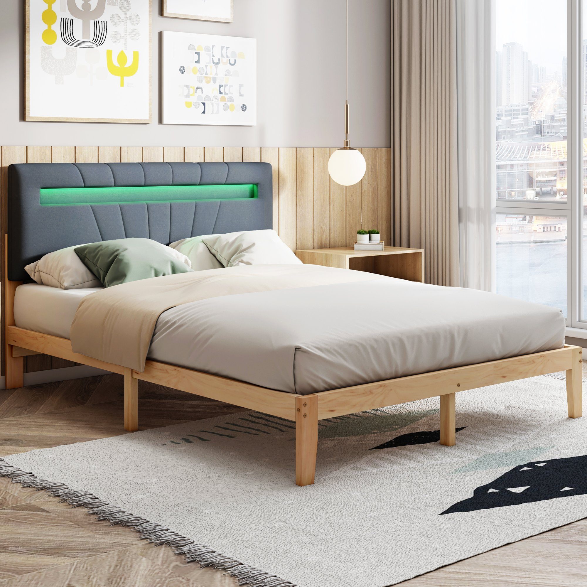 HAUSS SPLOE Holzbett Doppelbett Holzbett Bettrahmen Kinderbett Polsterbett (aus Massivholz Mit Matratze, mit LED-Lichtleiste 140x200 cm)