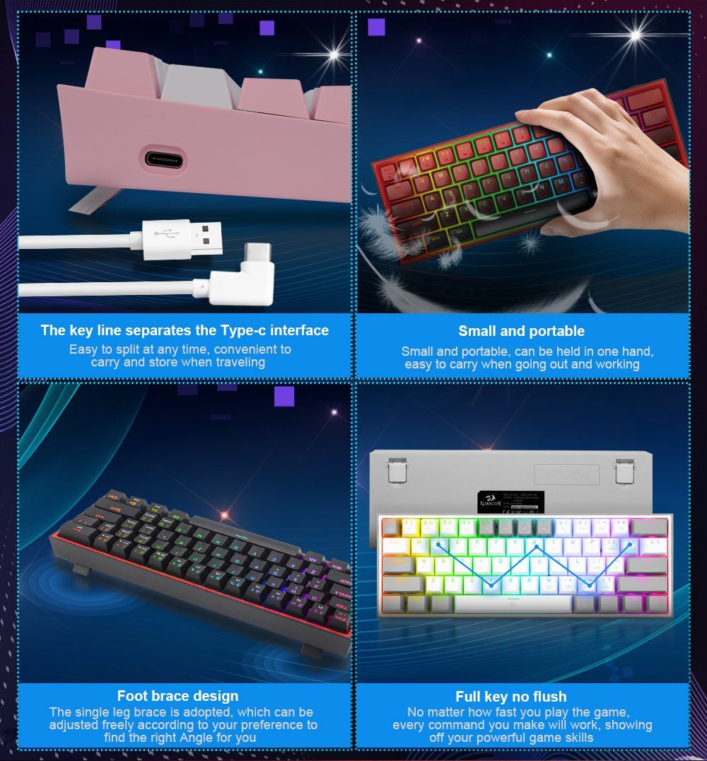 Redragon Redragon K617 RGB Mechanische Gaming-Tastatur mit 61 Tasten Gaming-Tastatur (höhenverstellbar, Pro Software anpassbar)