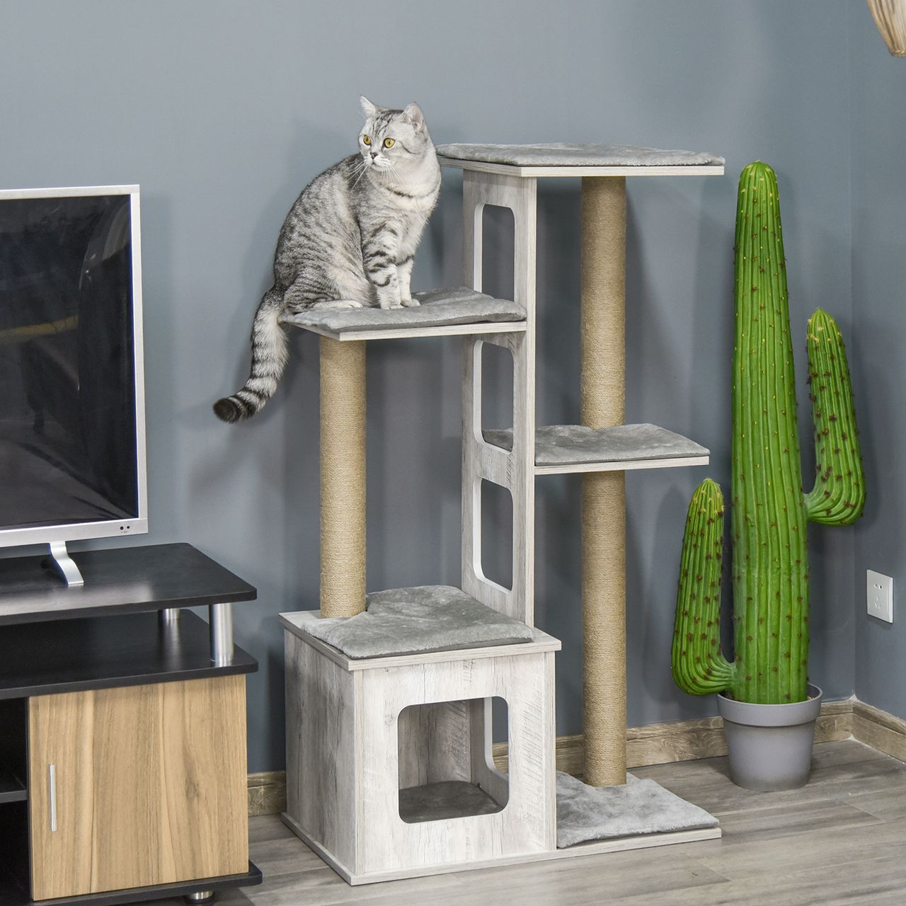 PawHut Katzenbaum Kratzbaum Aktivitätszentrum Klettergerüst Plüsch Grau