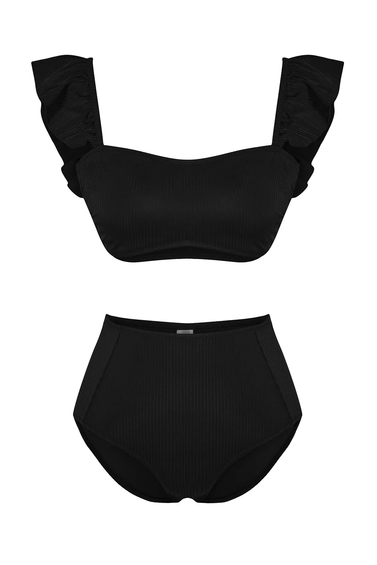 Trendyol Collection  Schwarzes Bralet-Rüschen-strukturiertes Hipster-Bikini-Set mit hoher Taille TBESS22BT0049