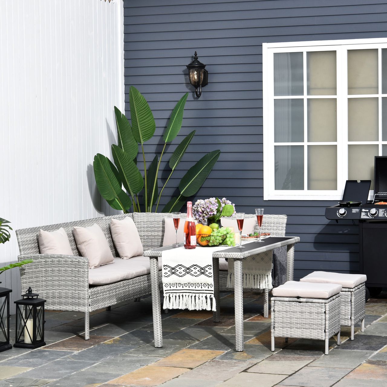Outsunny 5-tlg. Gartenmöbel Set Rattan Sitzgruppe mit Fußhocker Metall Grau 134 x 60 x 75 cm