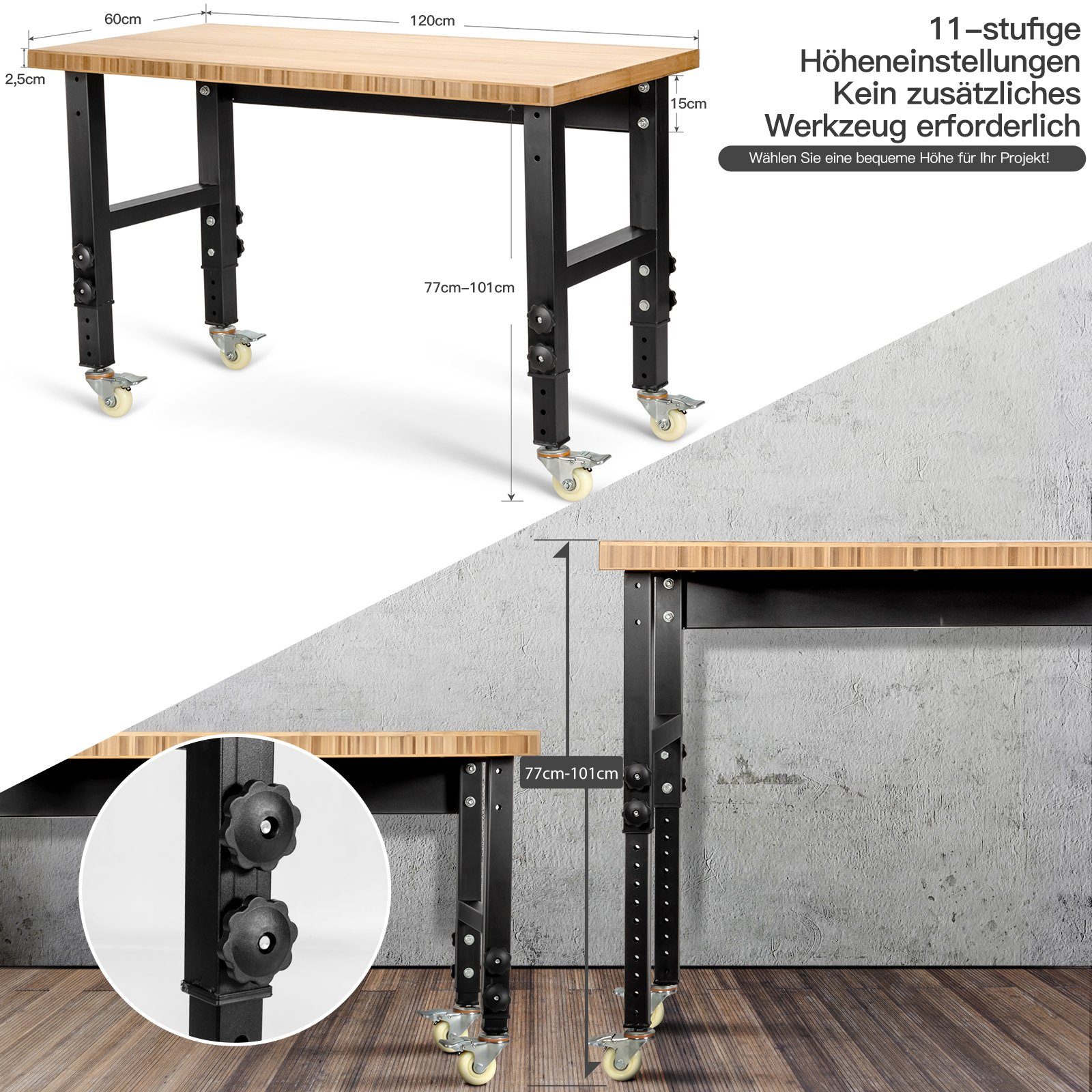 COSTWAY Werkbank, Höhenverstellbar, mit Rollen & Arbeitsfläche, 120cm
