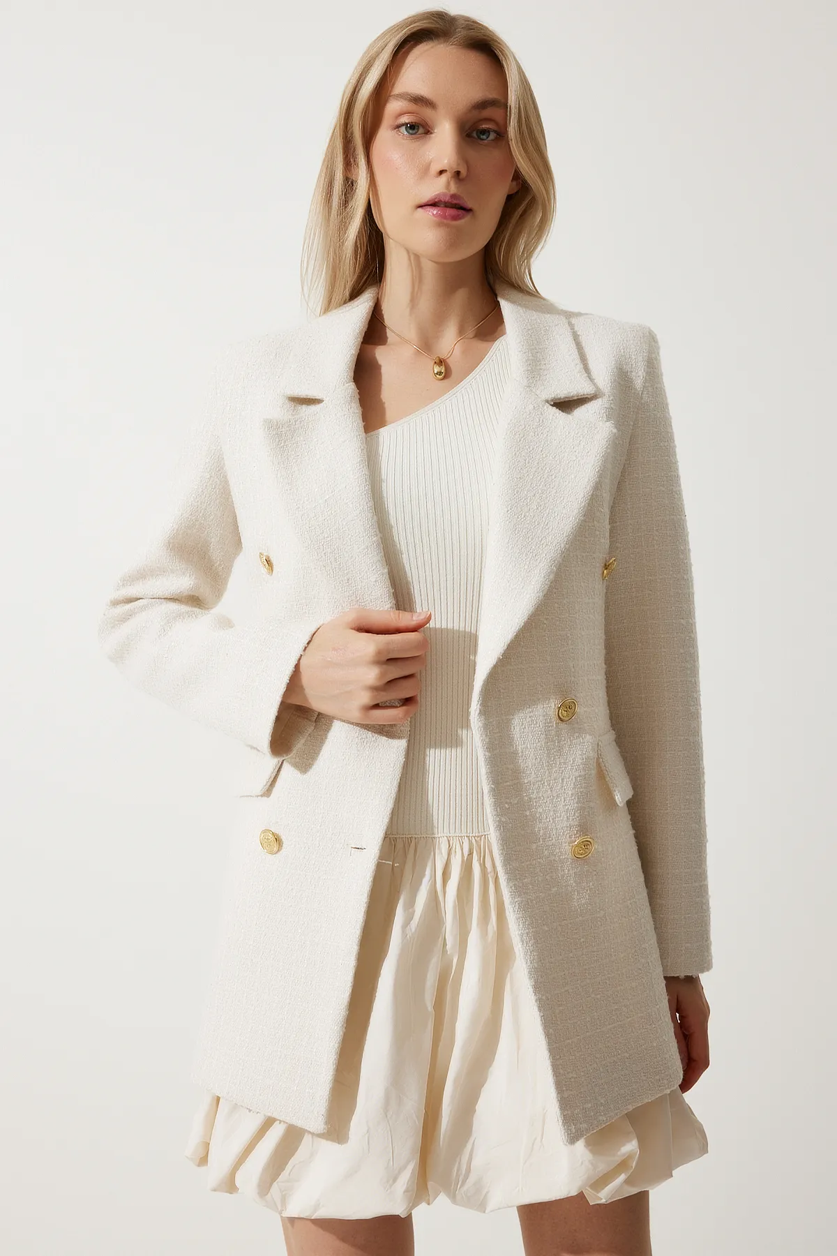 Happiness İstanbul  Damen Blazer mit Knochenknöpfen, Tweedjacke WF00004