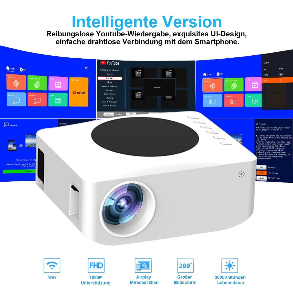 Yoyaxi 8000LM WLAN-Projektor, kabellos, Heimkino, Kino, Film, USB, HDMI, AV Portabler Projektor (Kabelloser 200-Zoll-Großbildschirm, 8000 LM hohe Helligkeit)