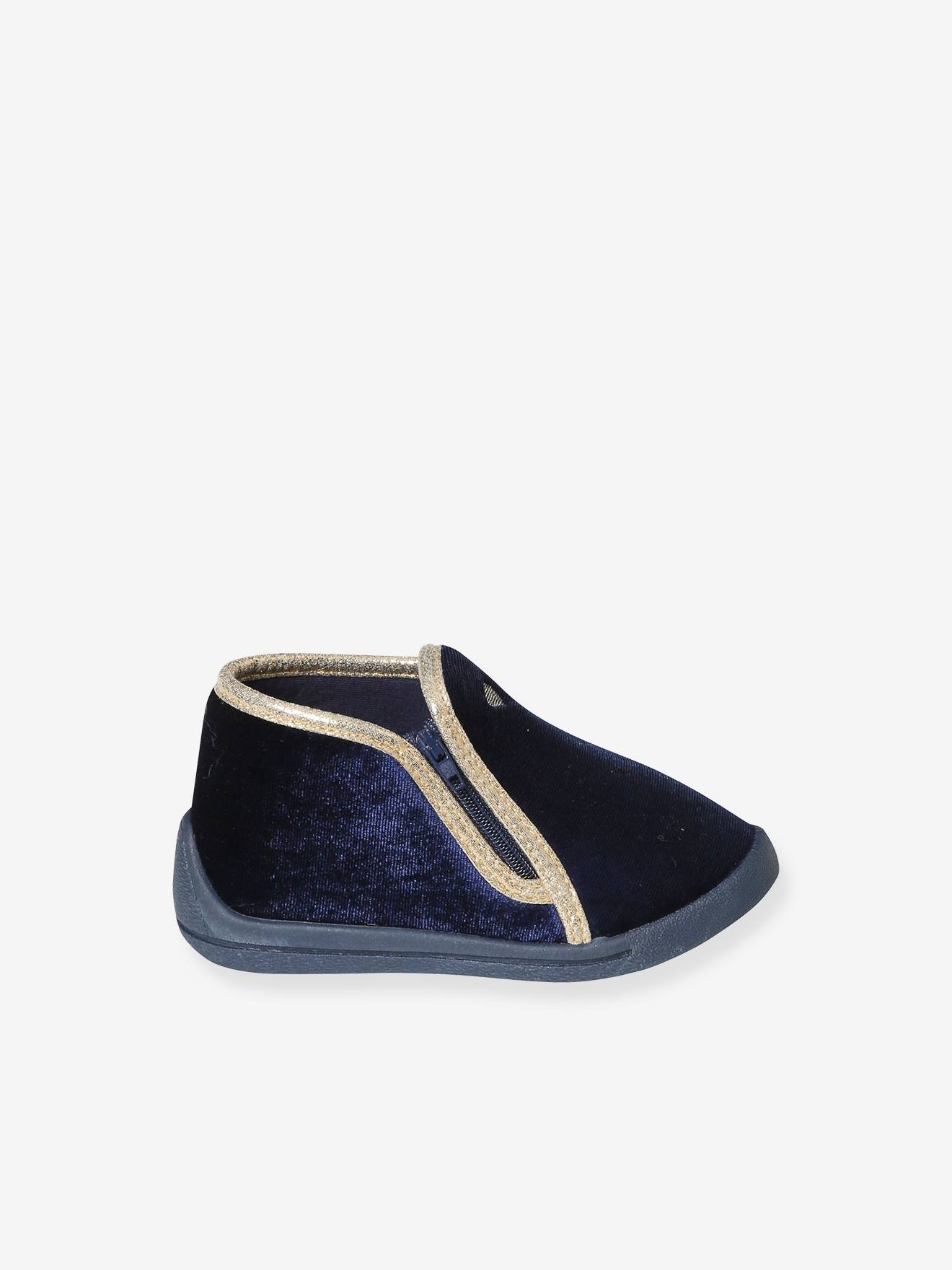 Chaussons zippés bébé en textile velouté bleu