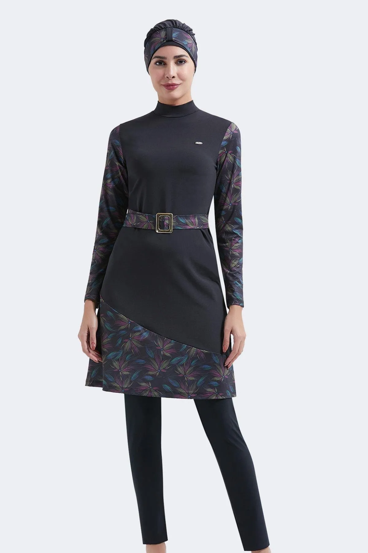 C&City  Gürteldetaillierter, vollständig bedeckter 4-teiliger Hijab-Badeanzug C12011 Schwarz