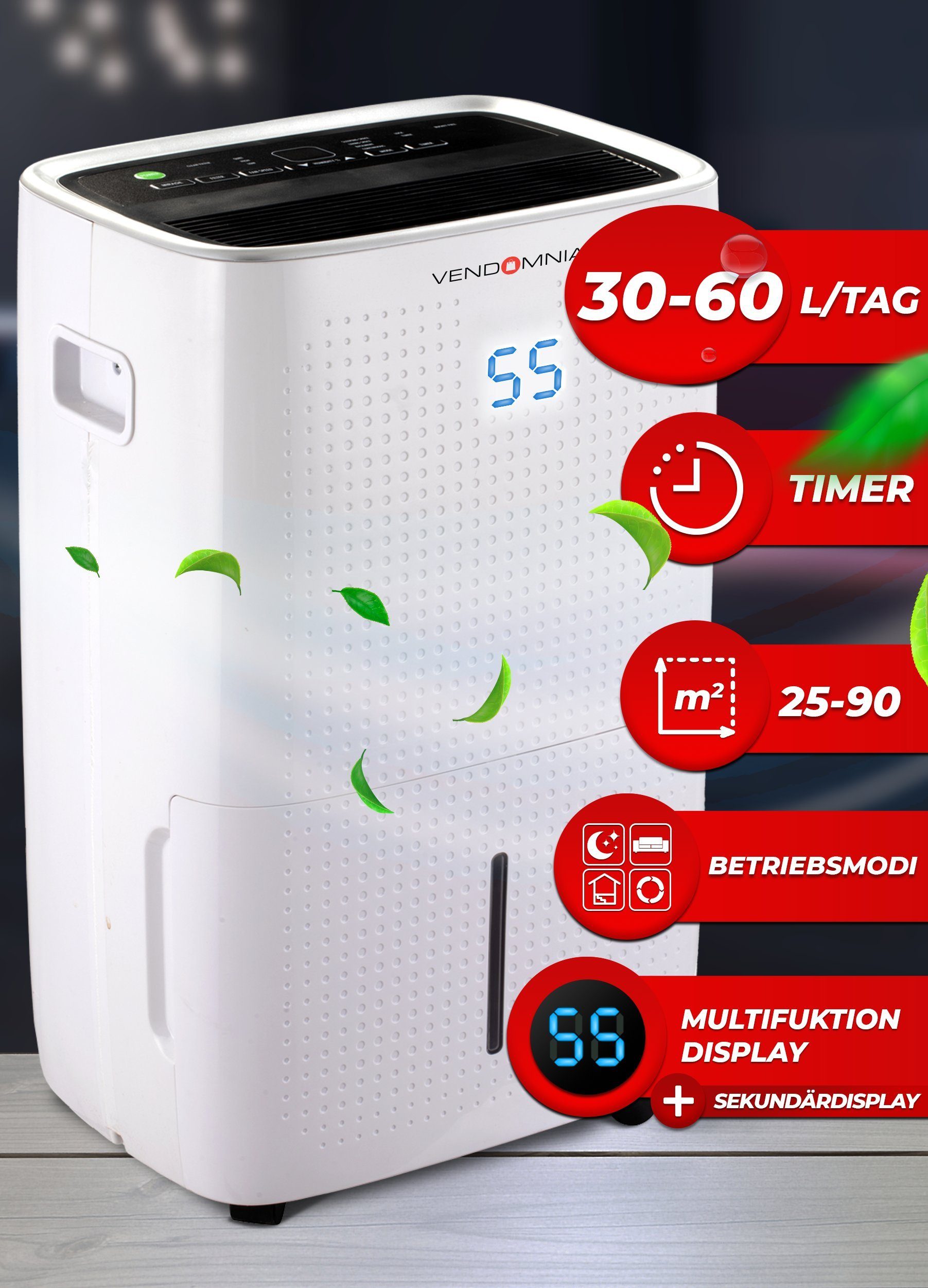 VENDOMNIA Luftreiniger Luftentfeuchter 30-60L Bautrockner Raumentfeuchter Entfeuchtungsgerät, 2 Displays elektrisch Timer Auto-Modus