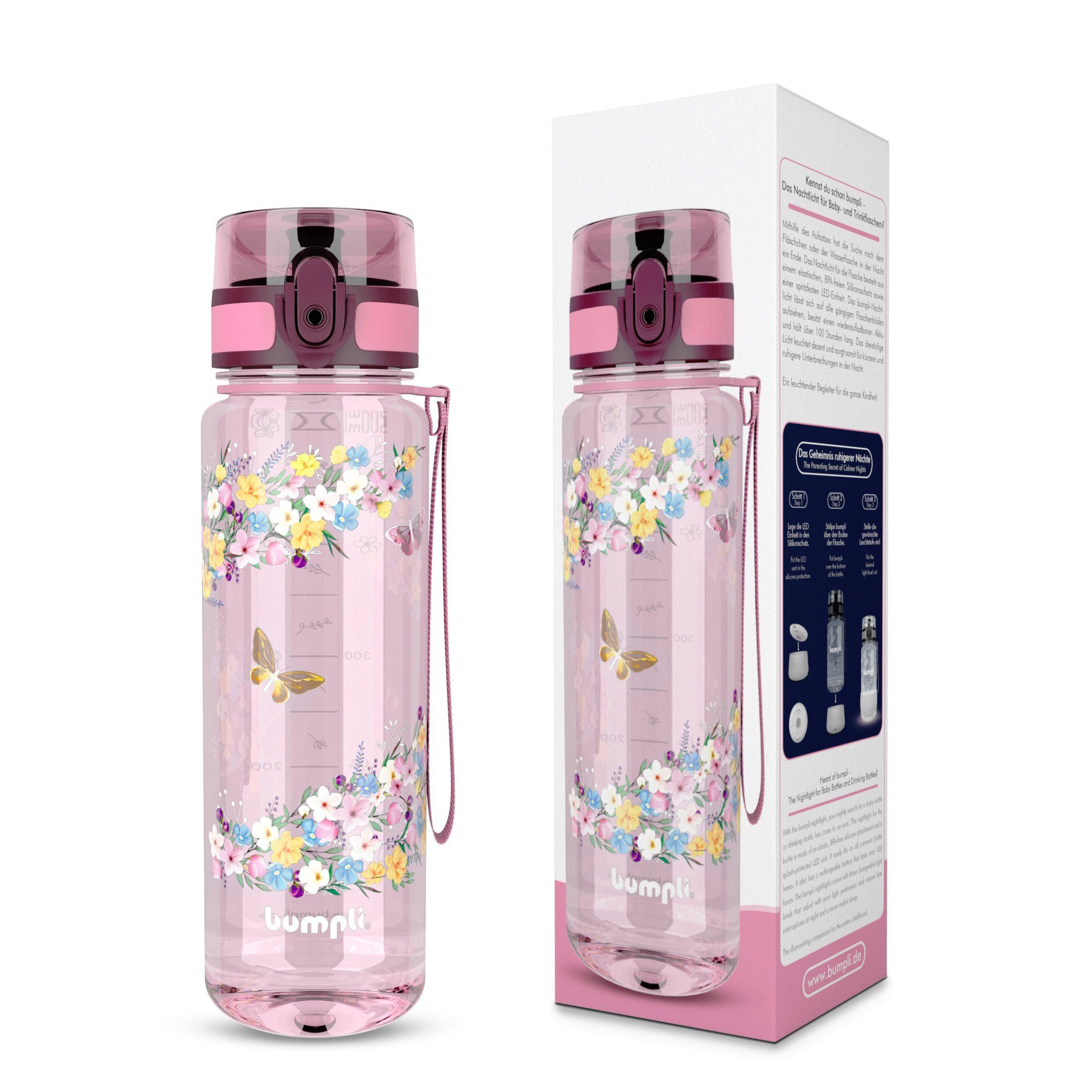 bumpli® Trinkflasche Kinder Trinkflasche 500ml, Wasserflasche, Sportflasche, BPA-frei, auslaufsicher, spülmaschinenfest, Trageschlaufe, Fruchtsieb