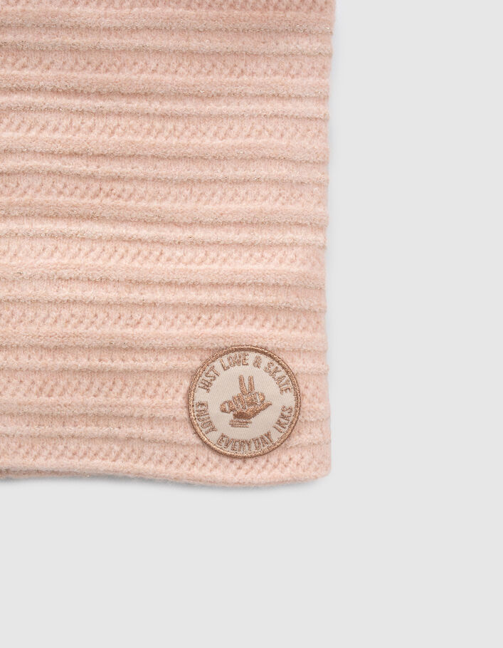 Snood rose tricot fantaisie lurex badge bronze fille