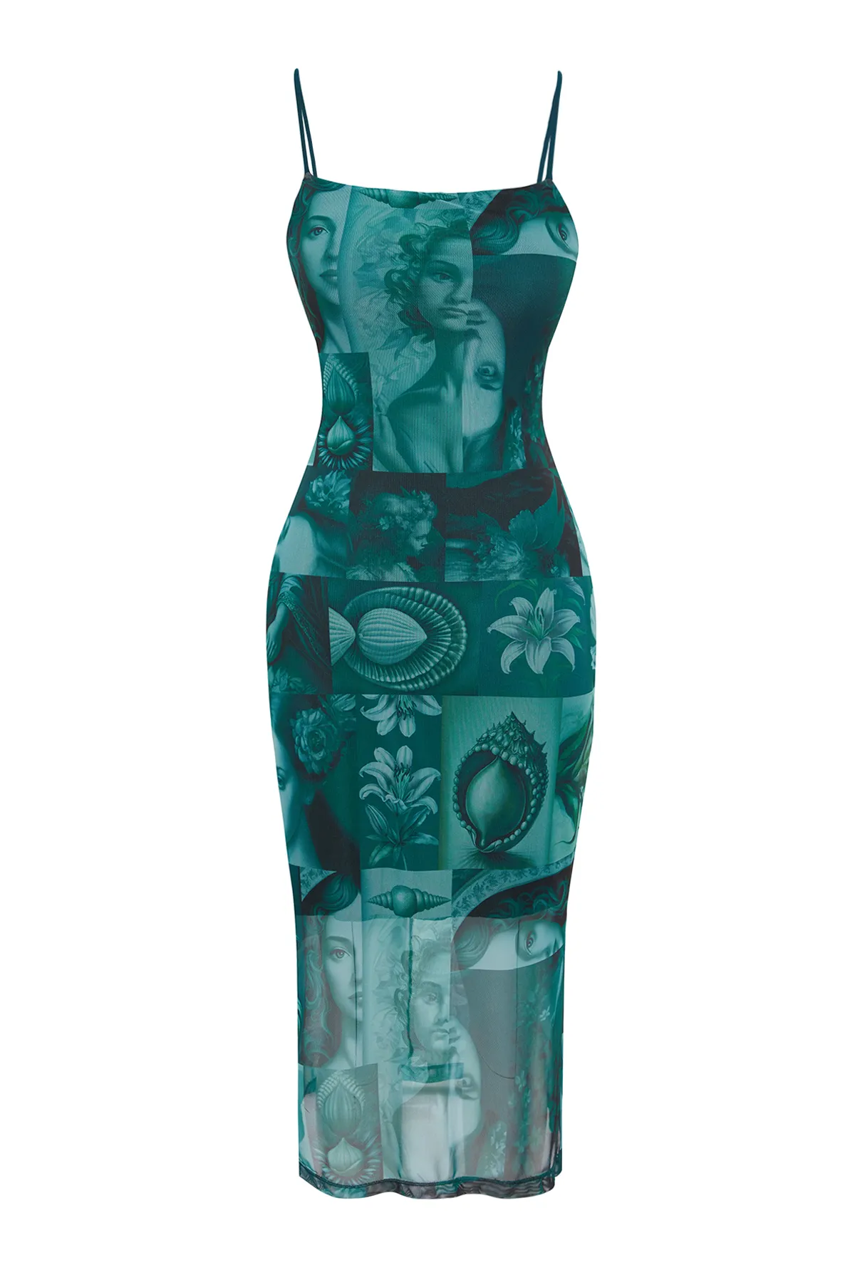 Trendyol Collection  Smaragdgrünes tailliertes/tailliertes Midi-Bleistiftkleid aus flexiblem Strick und Riemchen mit quadratischem Ausschnitt TWOSS22EL00726