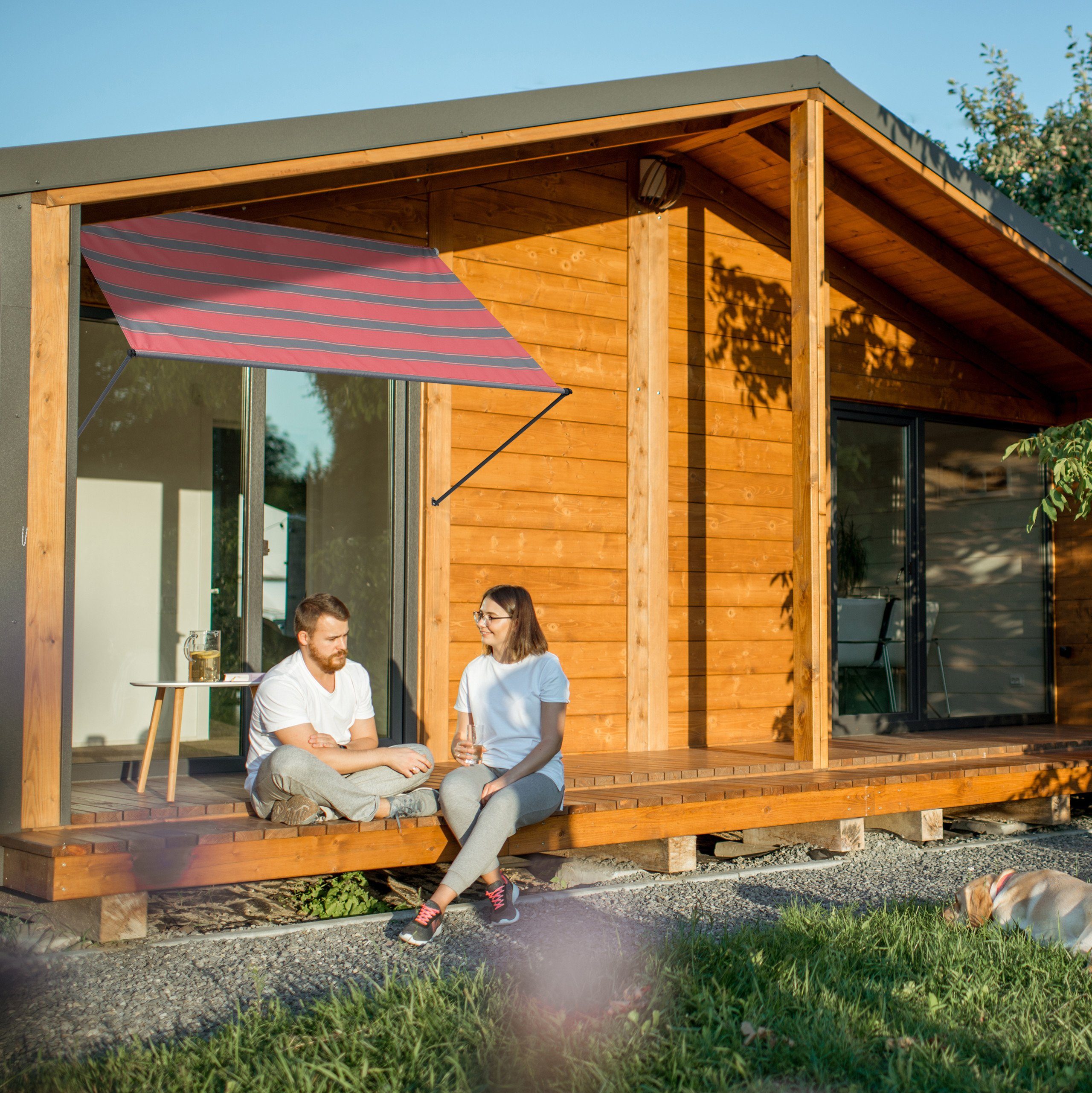 relaxdays Markise Fallarmmarkise in Grau-Rot 250 x 120 cm