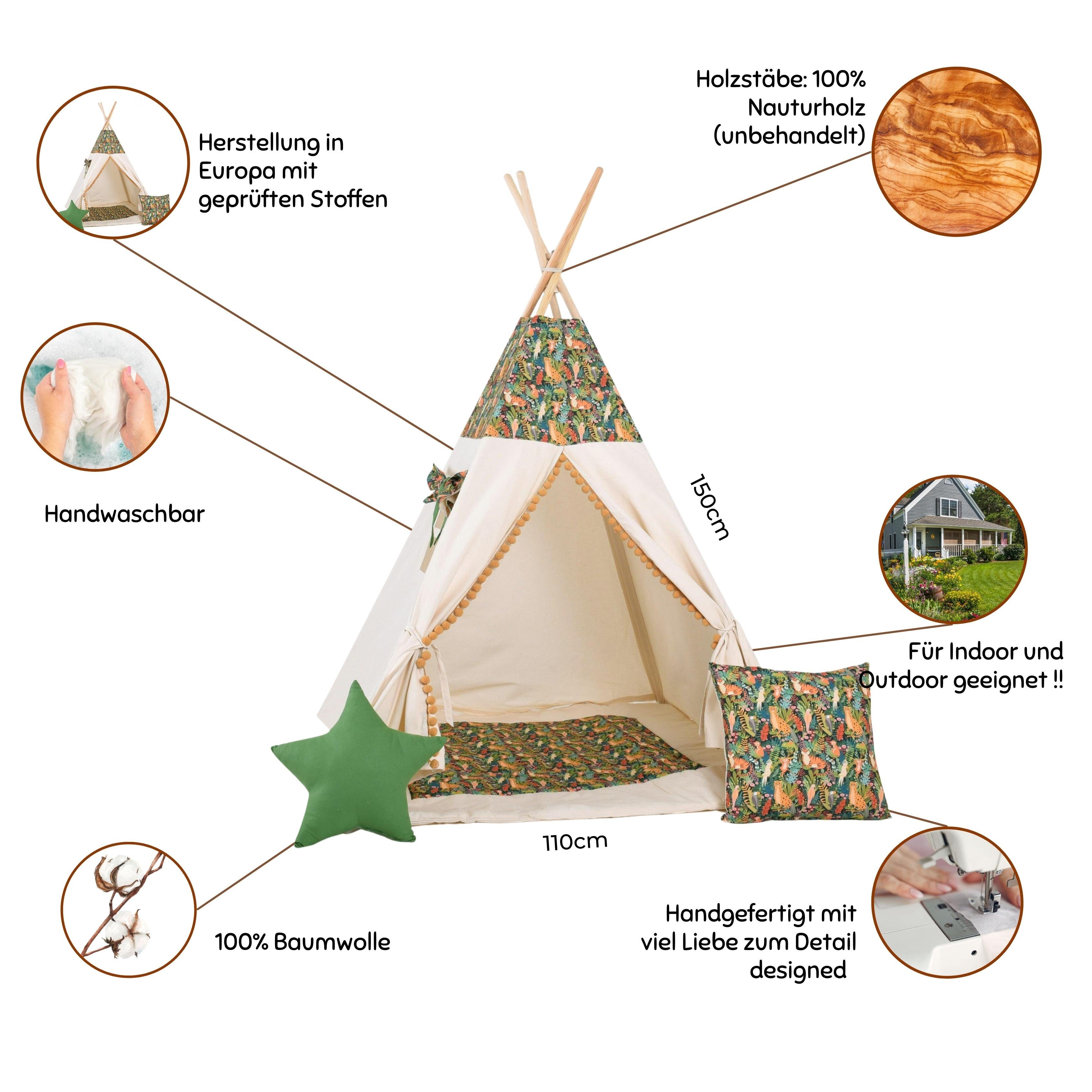 Rainbow Kids Tipi-Zelt Dschungel, Personen: 2 (mit kleinem Zubehör, 4 tlg., mit 2 Kissen und Matte)