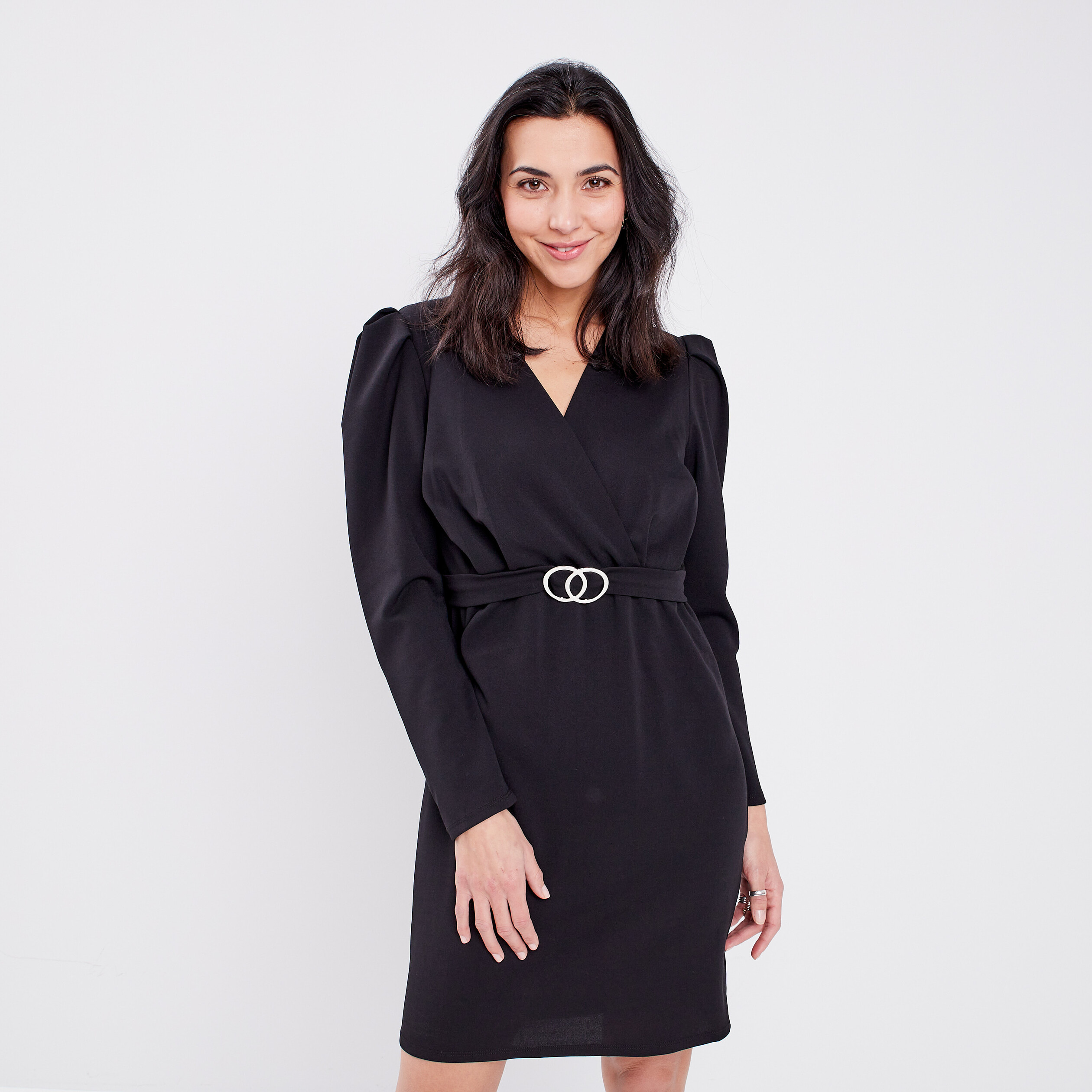 Robe cache-coeur à manches longues noir femme | La Halle