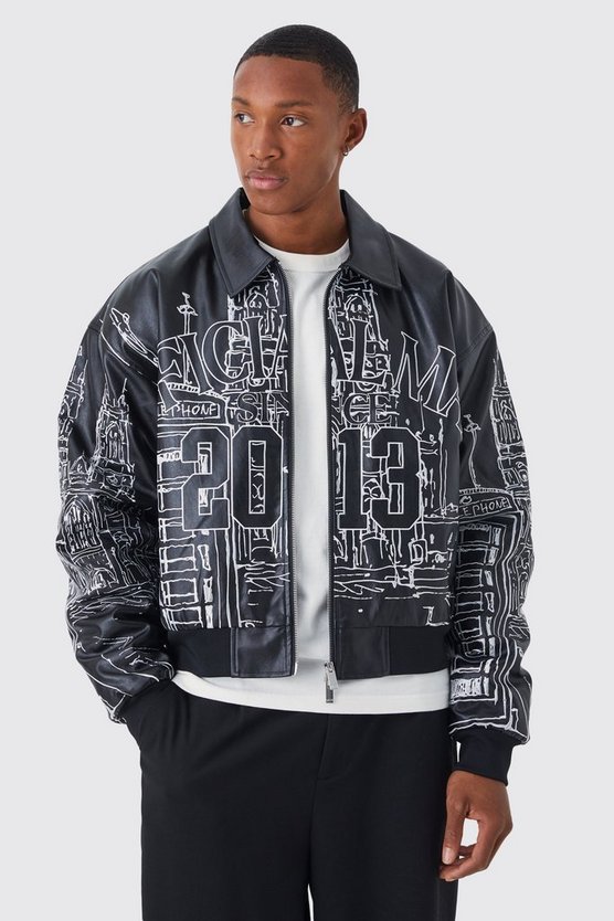 Kastige PU-Bomberjacke mit Stickerei
