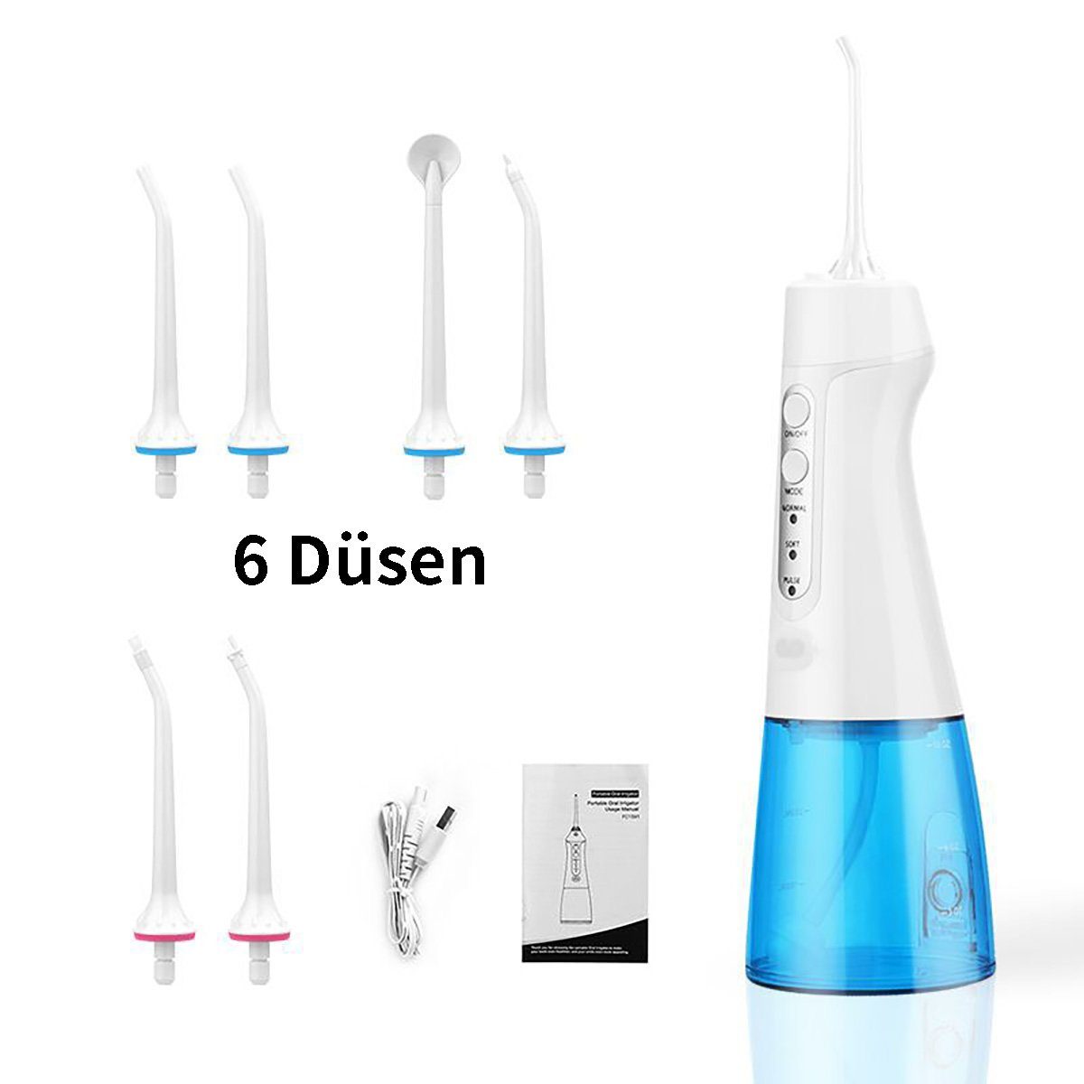 flowgoer Reise-Munddusche Kabellose Munddusche, elektrischer Zahnreiniger, 3 Modi, sechs Düsen, 3 Zubehör, USB-Schnellladung, lange Akkulaufzeit, 300ml Wassertank