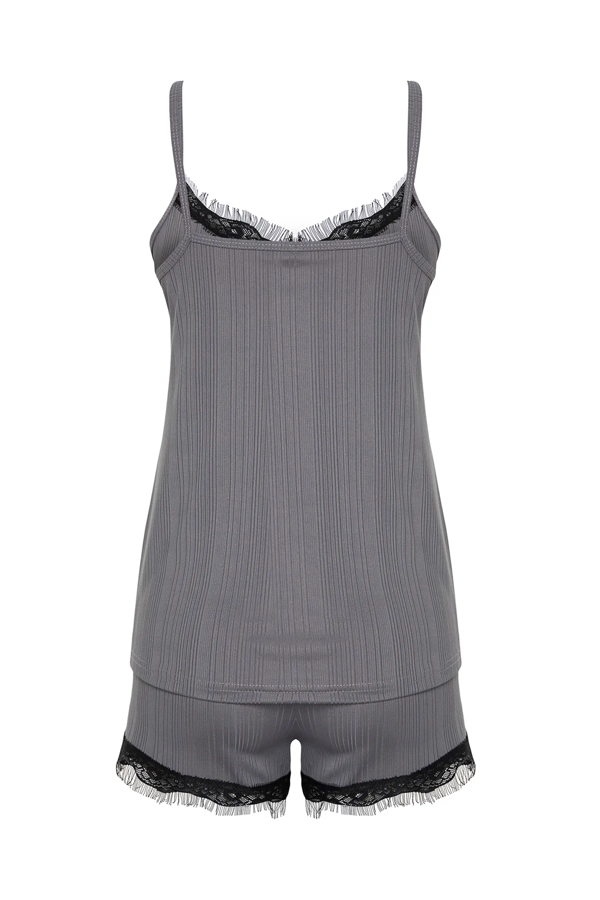 Trendyol Collection  Pyjama-Set aus Strick mit Kordel - Anthrazit, Spitzendetail, Kordelriemen THMSS24PT00360