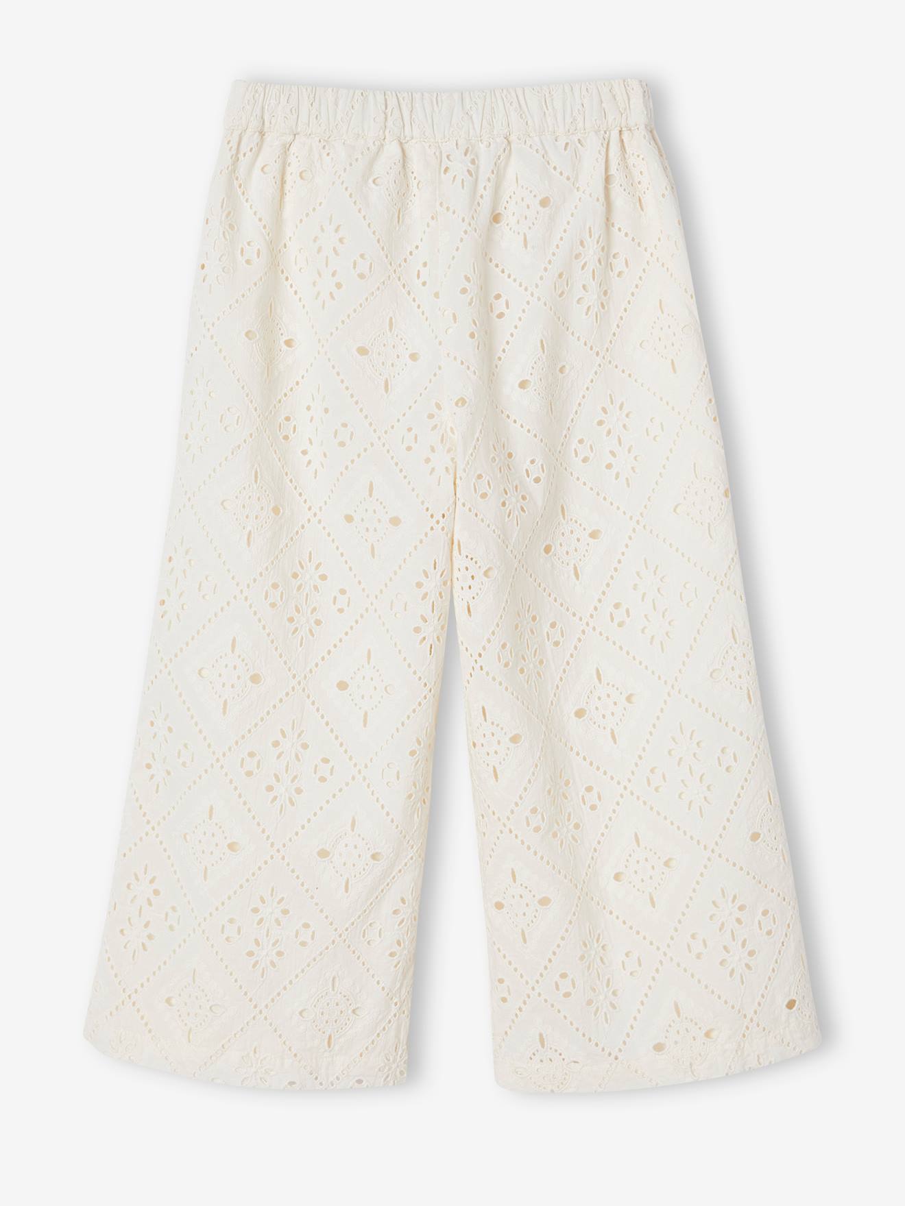Pantalon large en broderie anglaise fille écru