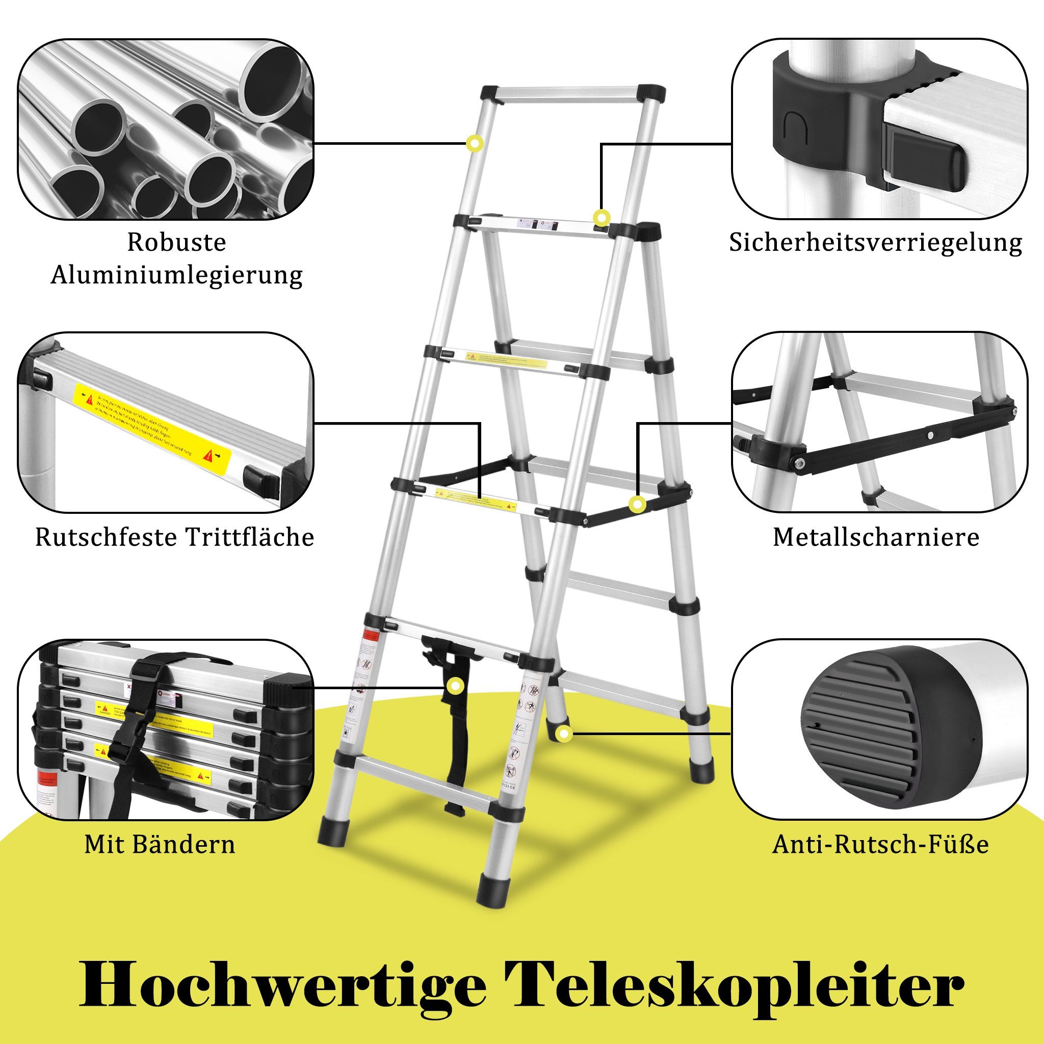 UISEBRT Teleskopleiter Klappbar Teleskopleiter Alu Mehrzweckleiter, 1,4m+1,7m
