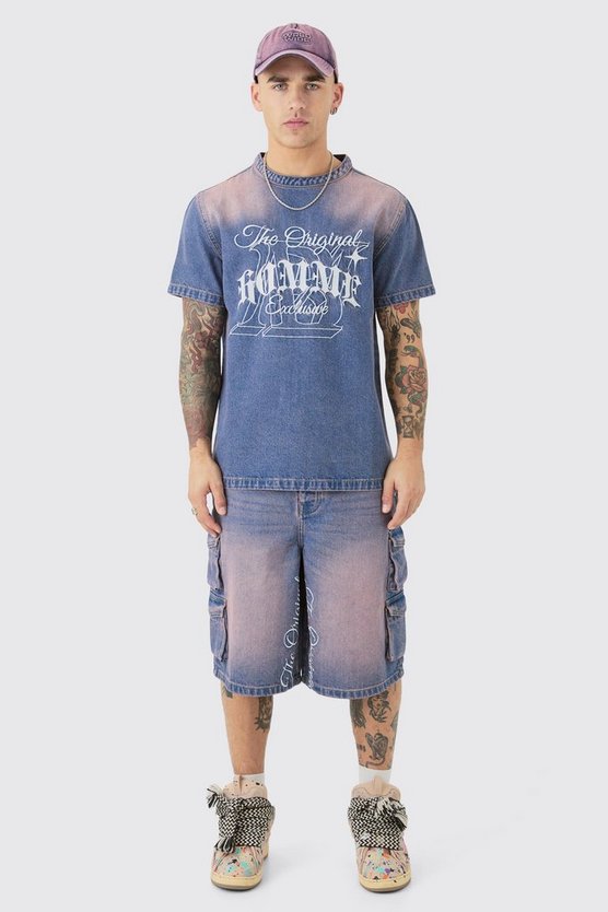Kurzärmliges Jeans T-Shirt mit Homme-Stickerei in Pink