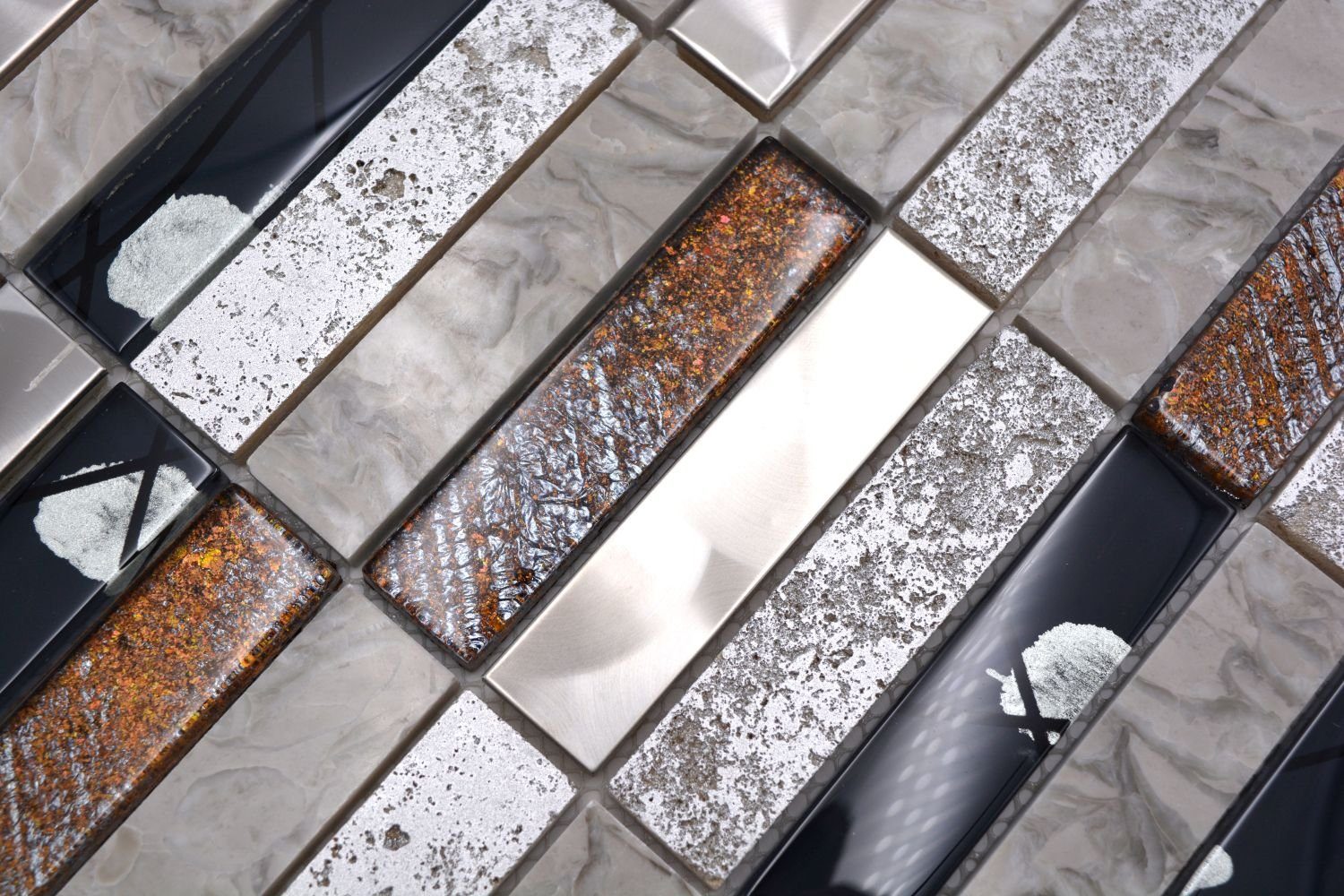 Mosani Mosaikfliesen Riemchen Rechteck Mosaikfliesen Glasmosaik Edelstahl Resin grau