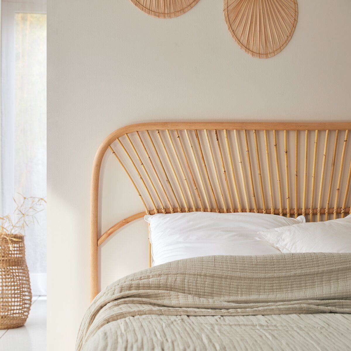 Tikamoon Massivholzbett Kopfteil Bett aus Rattan 160 cm
