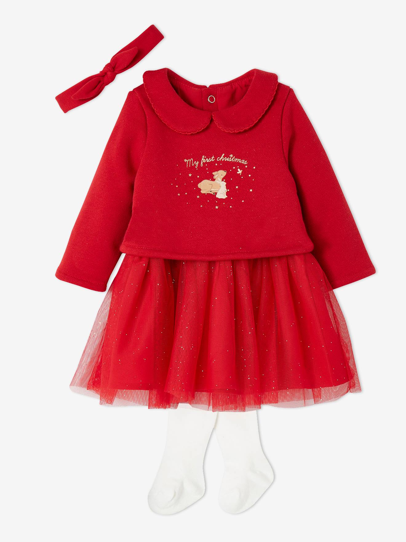 Vertbaudet Weihnachtliches Baby-Set: Kleid, Haarband & Strumpfhose - rot