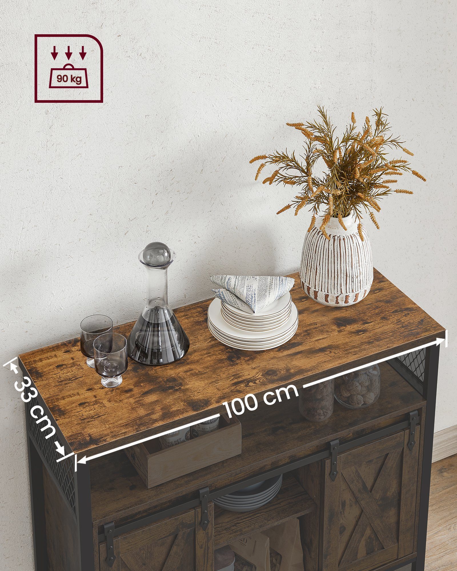 VASAGLE Sideboard Küchenschrank, mit 2 Schiebetüren, verstellbare Ablagen