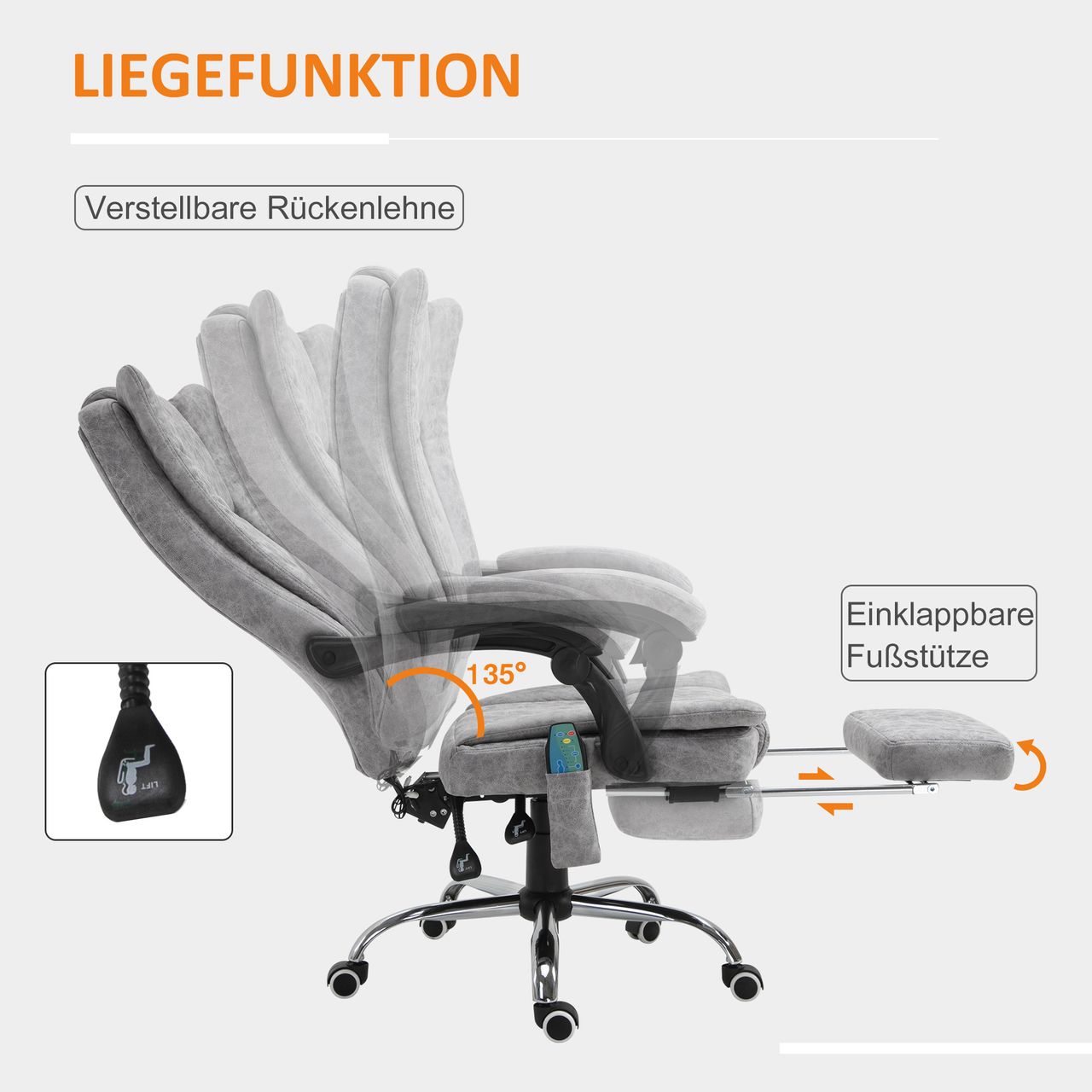Vinsetto Massage Stuhl Bürostuhl Heizfunktion Liegefunktion Grau
