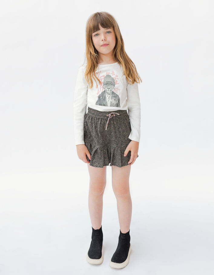 Jupe-short kaki imprimé léopard-coeurs fille