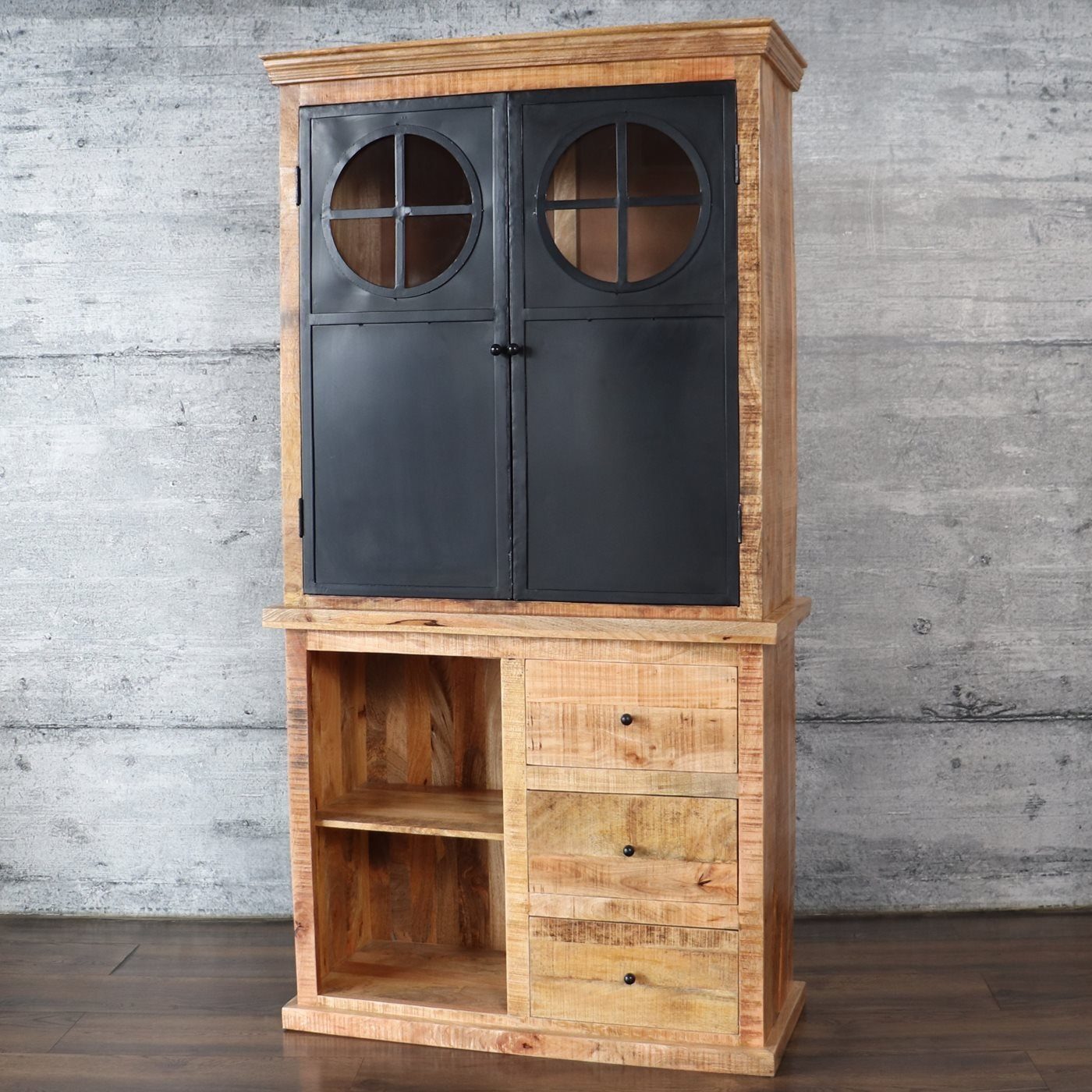 baario Buffet Schrank DEU 110cm Geschirrschrank Massivholz & Eisen Industrial Design