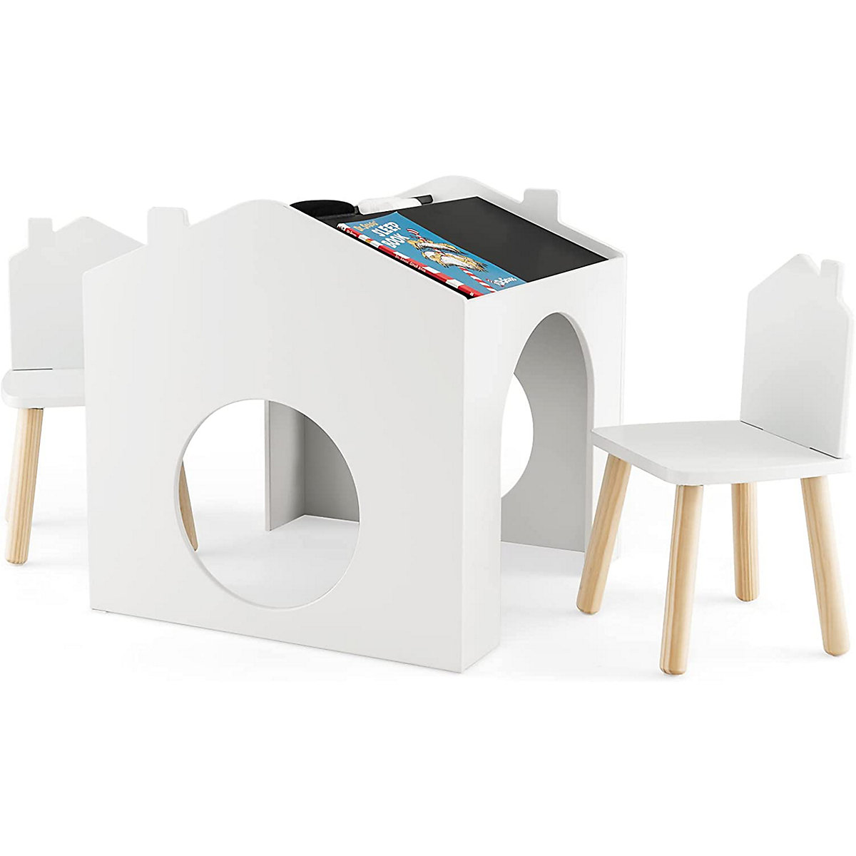 3tlg. Kinder Sitzgruppe Zeichentisch mit Tafel & Stauraum Hausform