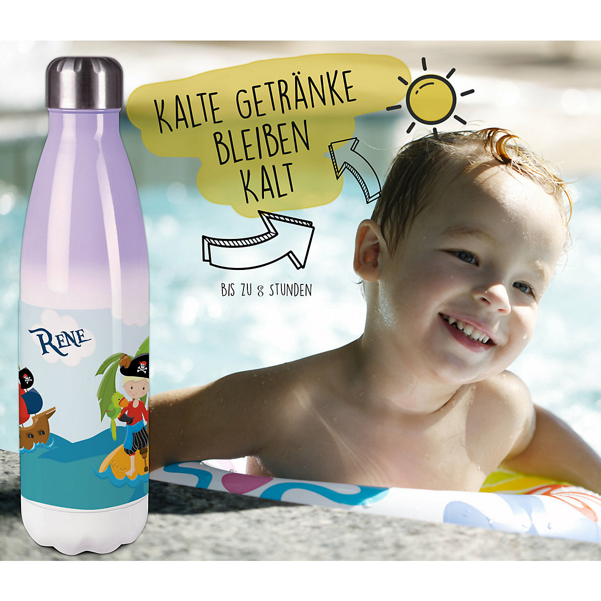 Edelstahl Kinder Thermoflasche / Trinkflasche bunt Pirat nah Spülmaschinenfest, Auslaufsicher, Bruchfest, Doppelwandig, Für Heißgetränke geeignet, Mit Deckel, Isoliert