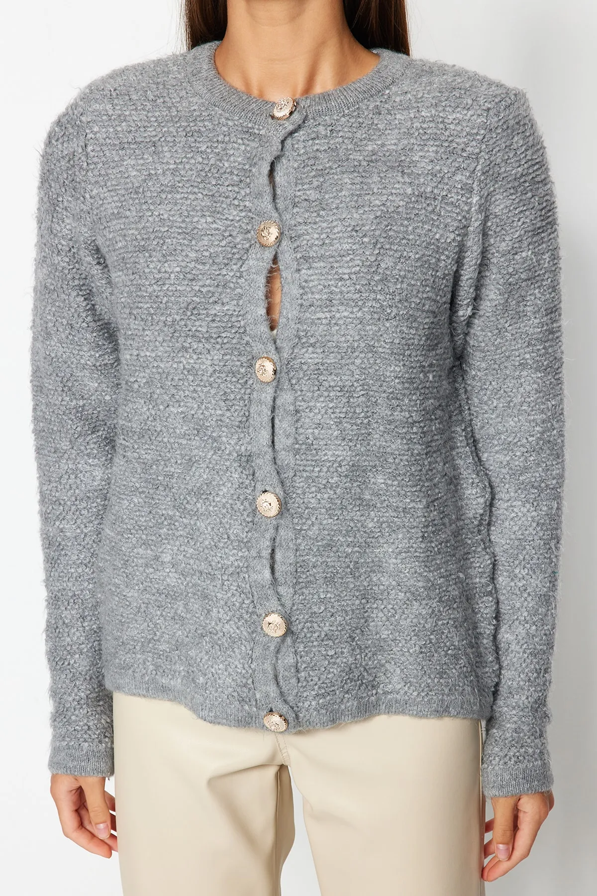 Trendyol Collection  Grauer, weich strukturierter Strick-Cardigan mit Accessoires TWOAW24HI00039