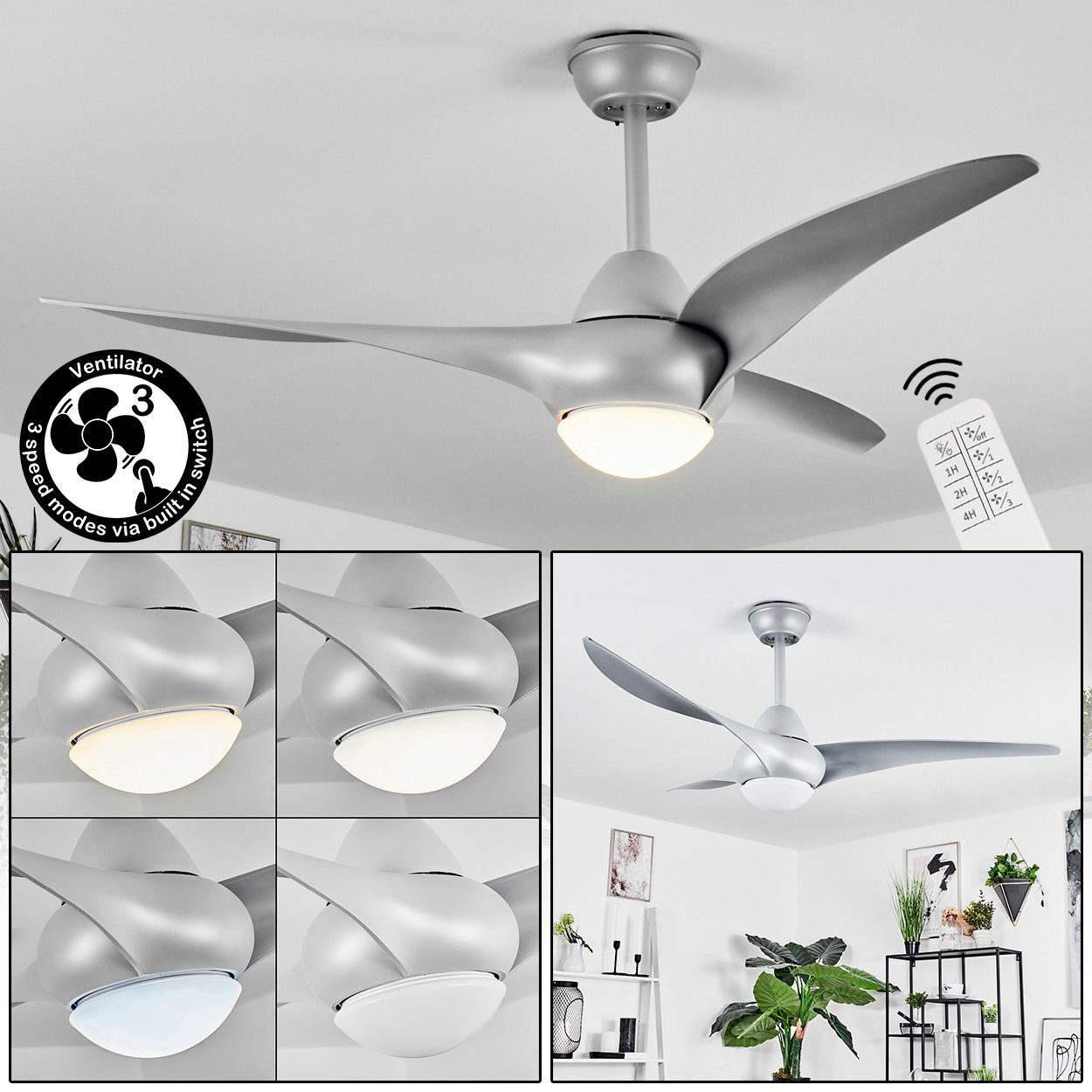hofstein Tischturmventilator Deckenventilator aus Kunststoff in Titan/Weiß, 1 x LED 20 Watt (inkl)