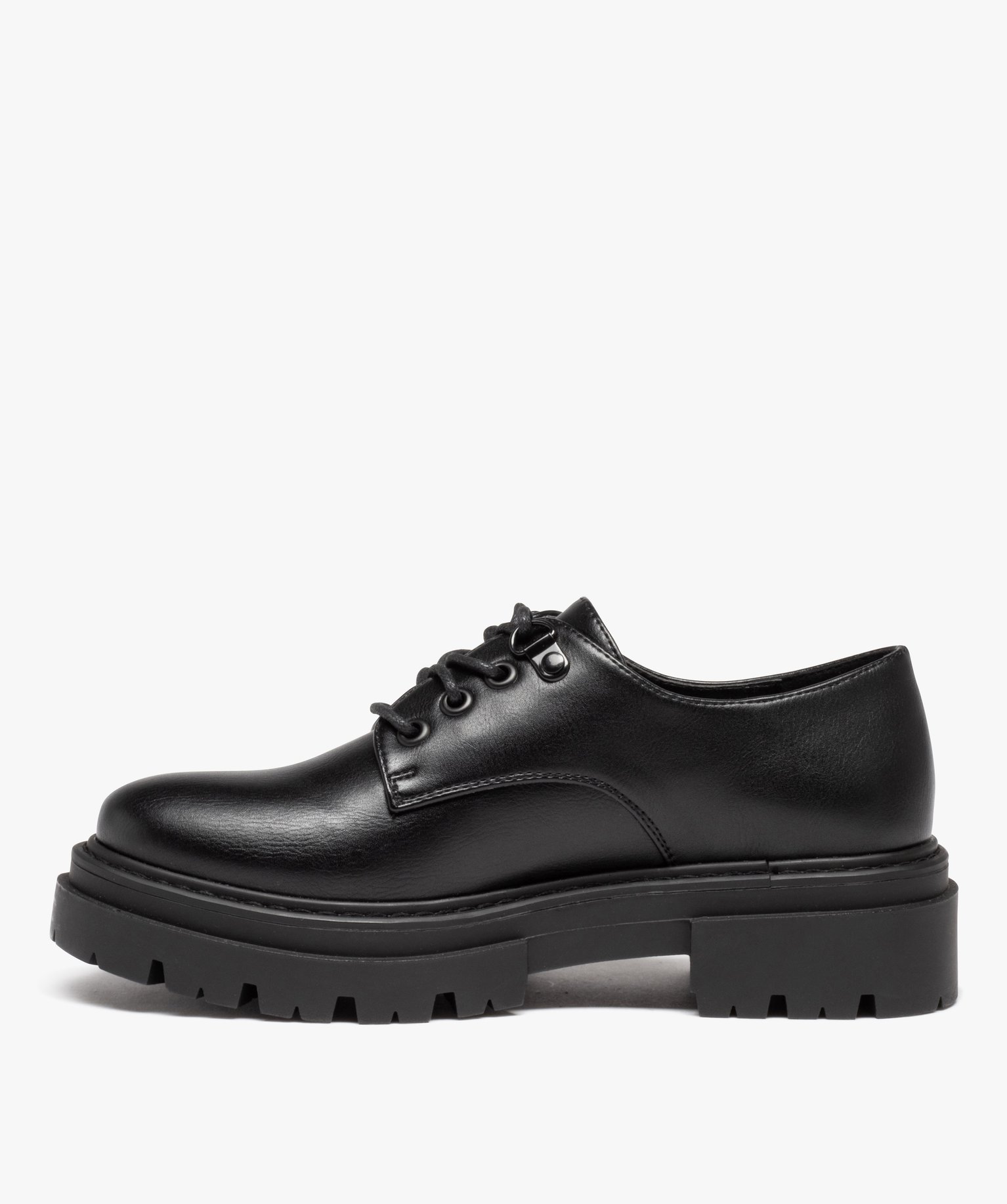 Derbies femme unis à semelle épaisse crantée et lacets ronds noir | GEMO