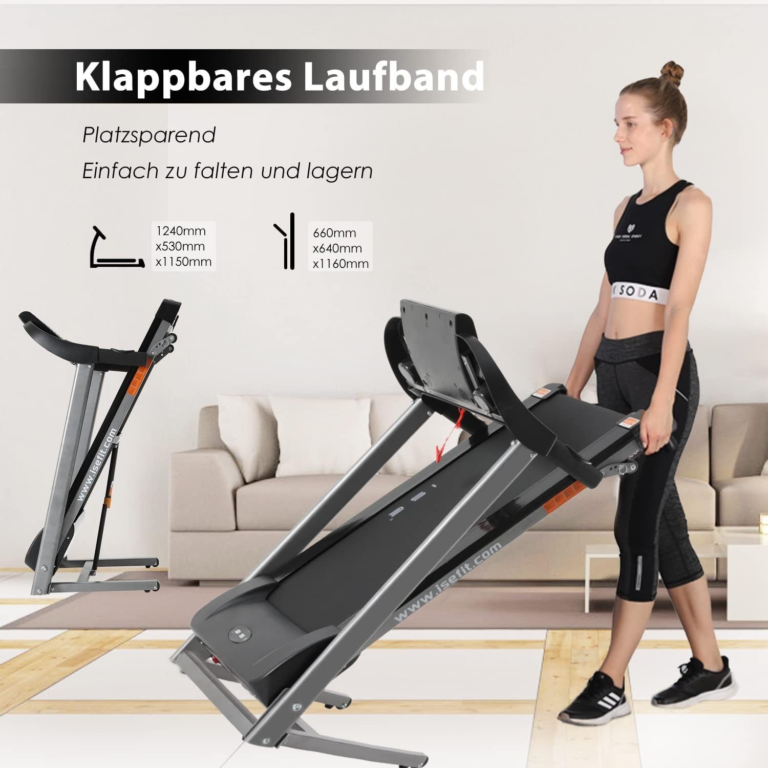 ISE Laufband (Elektrisches Laufband klappbar 2,0 PS Motor Multifunktions-LCD-Display), mit 12 Programmen, Leises Home Office Laufband, Manuelle Steigung