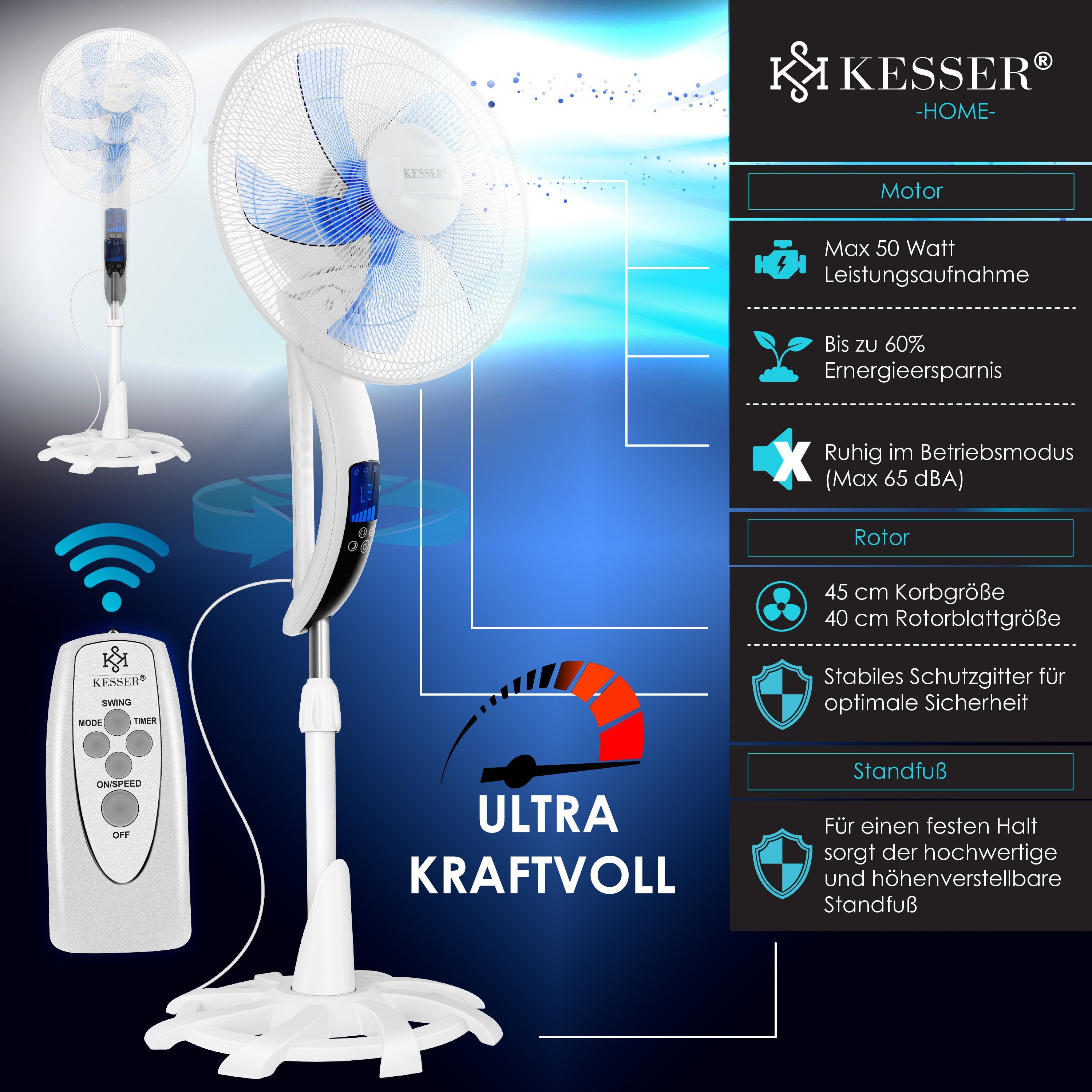KESSER Standventilator, Standventilator mit Fernbedienung Timer Standlüfter