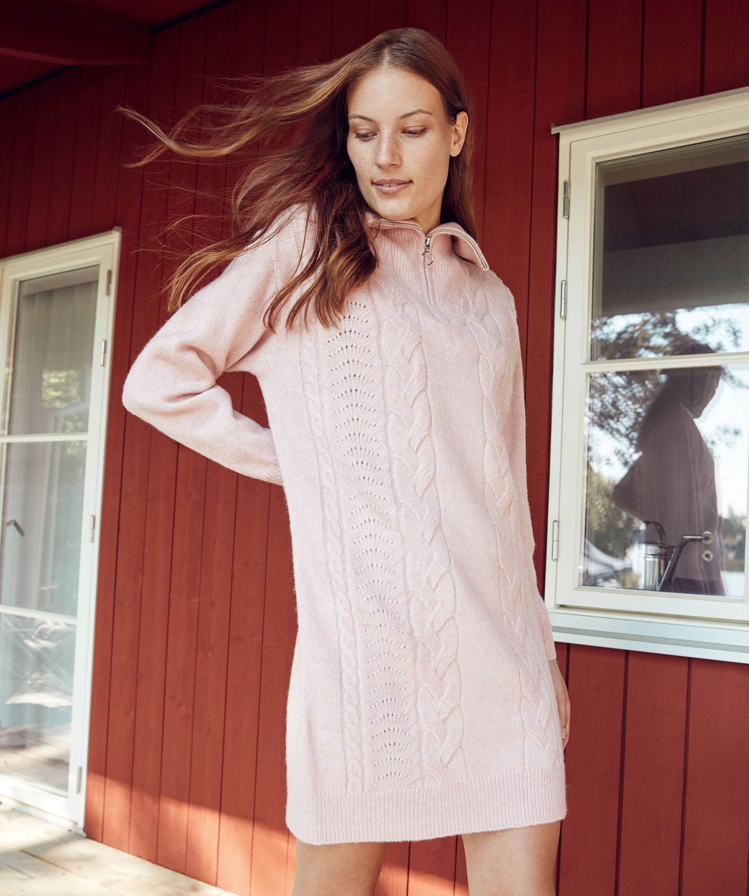Robe pull femme en maille fantaisie avec col camionneur rose | GEMO