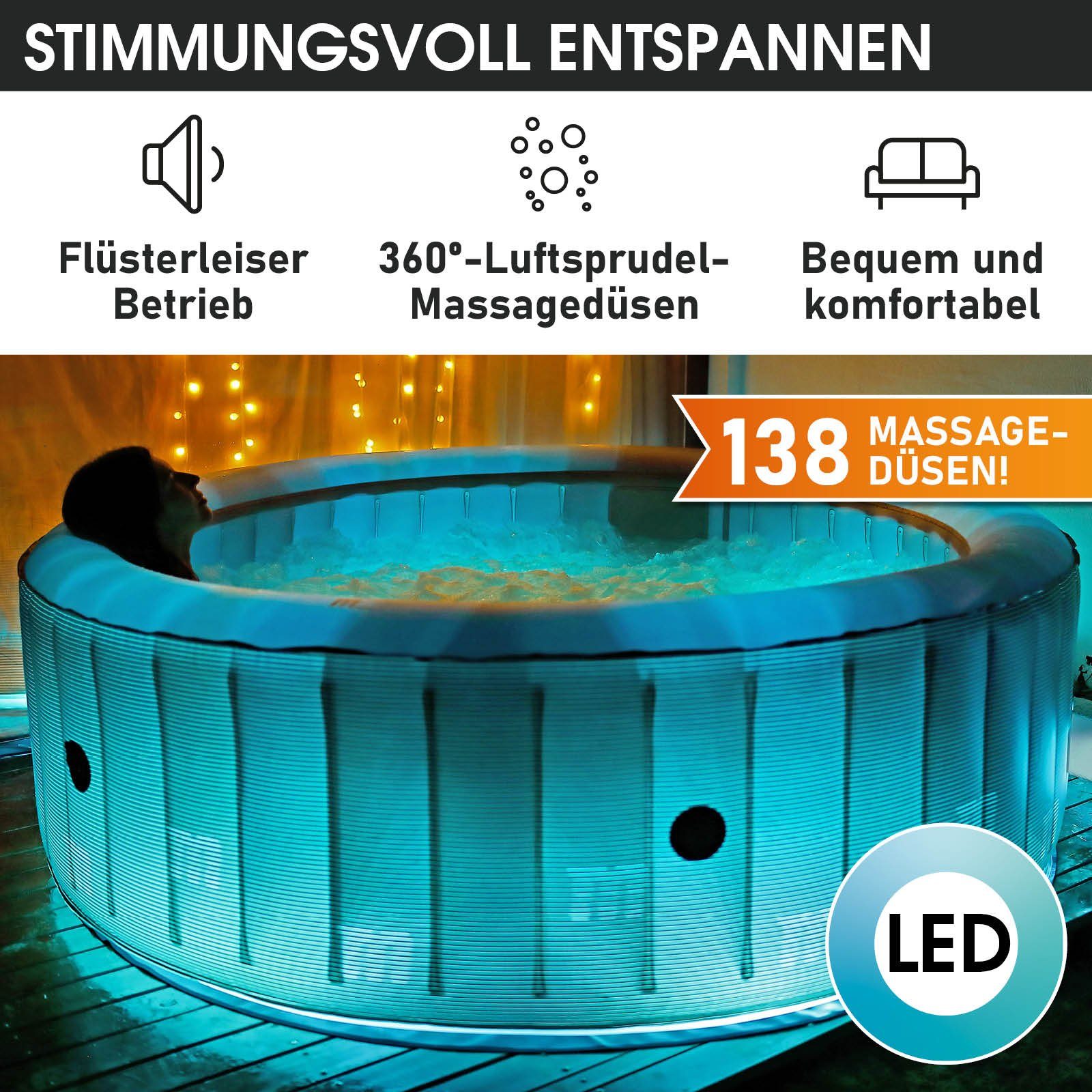 BRAST Whirlpool aufblasbar MSpa Starry mit LED-Beleuchtung für 6 Personen Ø204x70cm, (In- Outdoor Pool 138 Massagedüsen Energiespar-Timer Heizung), Aufblasfunktion per Knopfdruck Bubble Wellness Massage