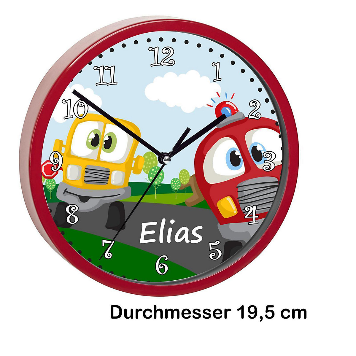 Kinder Wanduhr laufruhig personalisiert mit Name Auto-Cartoon