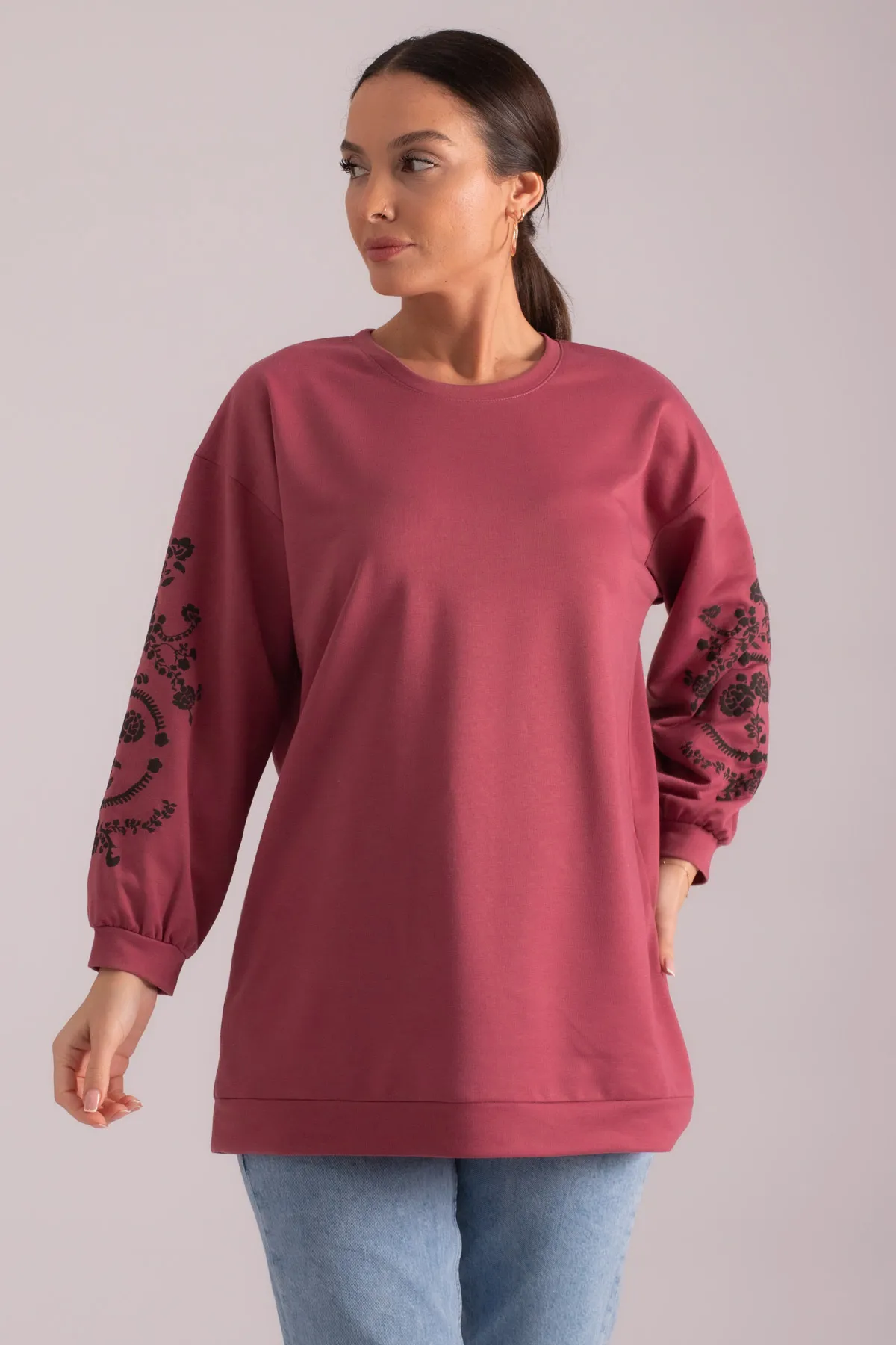 armonika  Damen-Tunika Dusty Rose mit rundem Ausschnitt und Ärmeln und Prägung ARM-21K024033