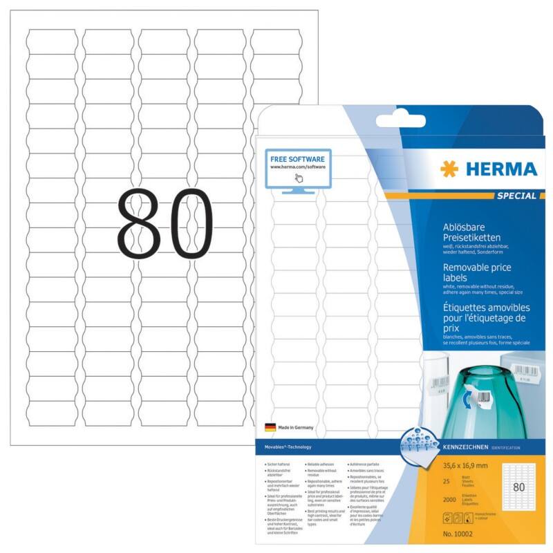 HERMA Wiederablösbare Etiketten 10002 Weiß 2000 Etiketten pro Packung
