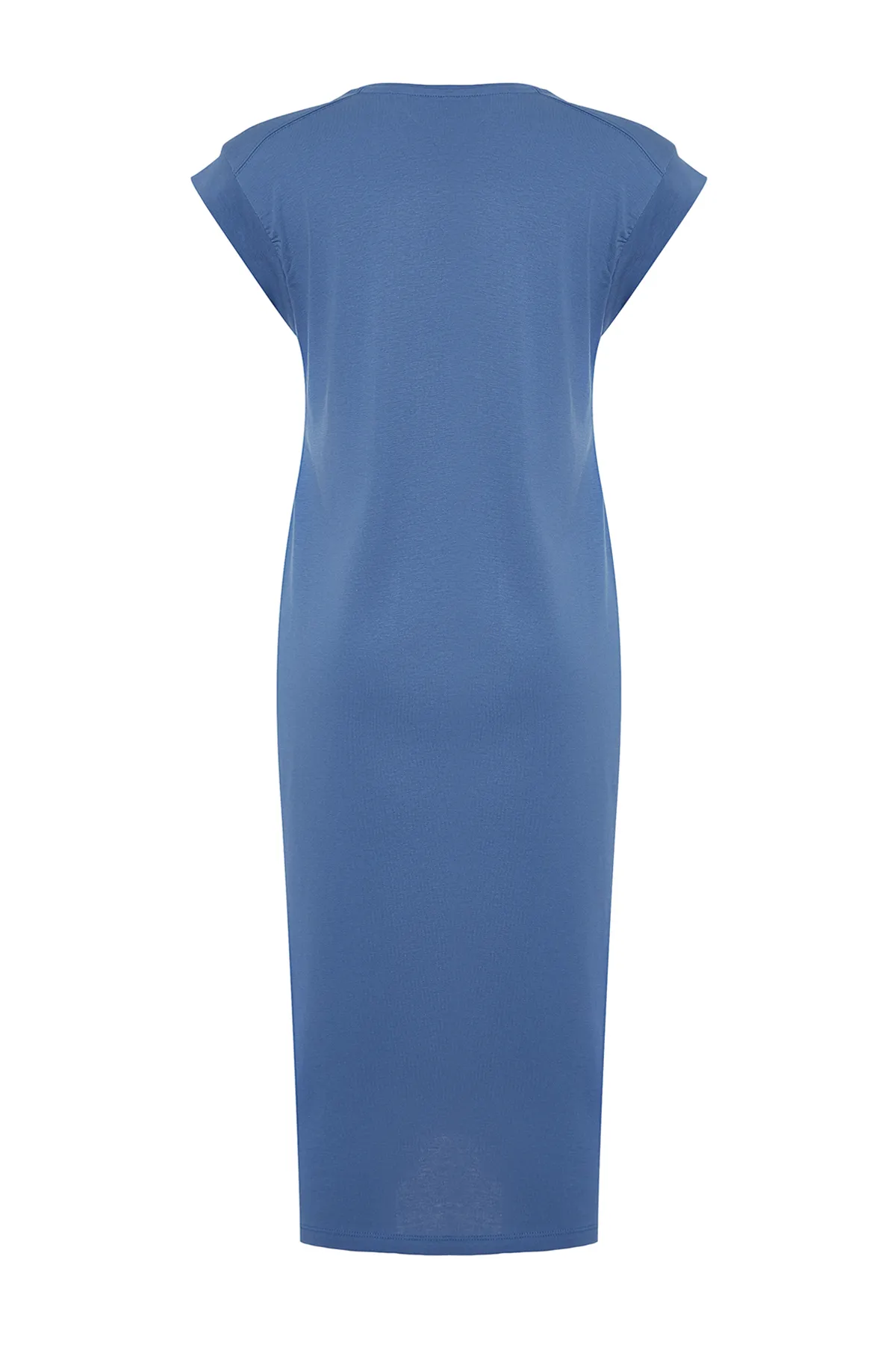 Trendyol Collection  Indigofarbenes, schlichtes T-Shirt-Kleid aus 100 % Baumwolle mit Mondärmeln, Shift-/Bequem geschnittenes Midi-Midikleid TWOSS24EL00126